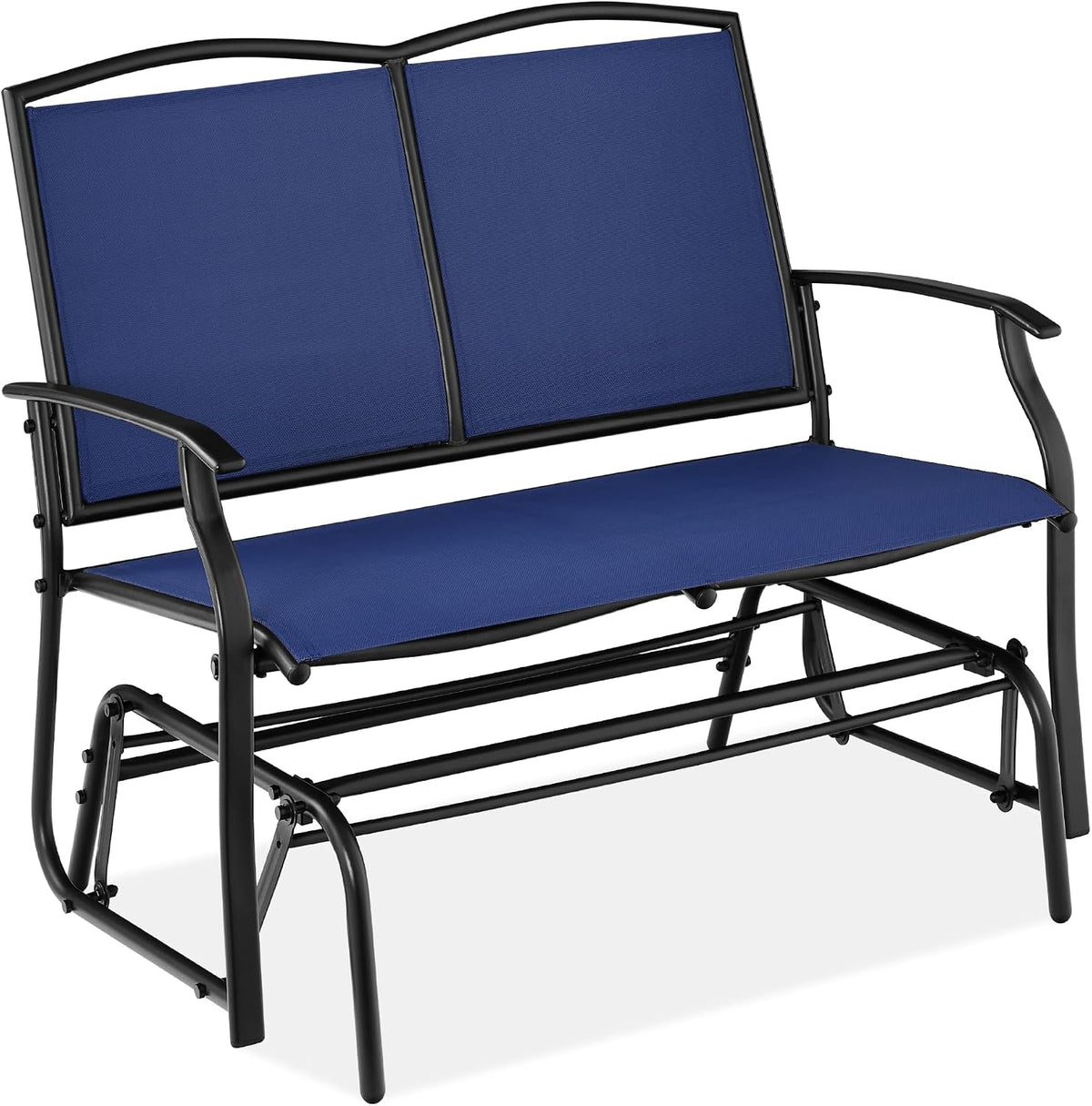 Angled close-up of the loveseat in deep navy blue showing seat, back panels and black metal frame.