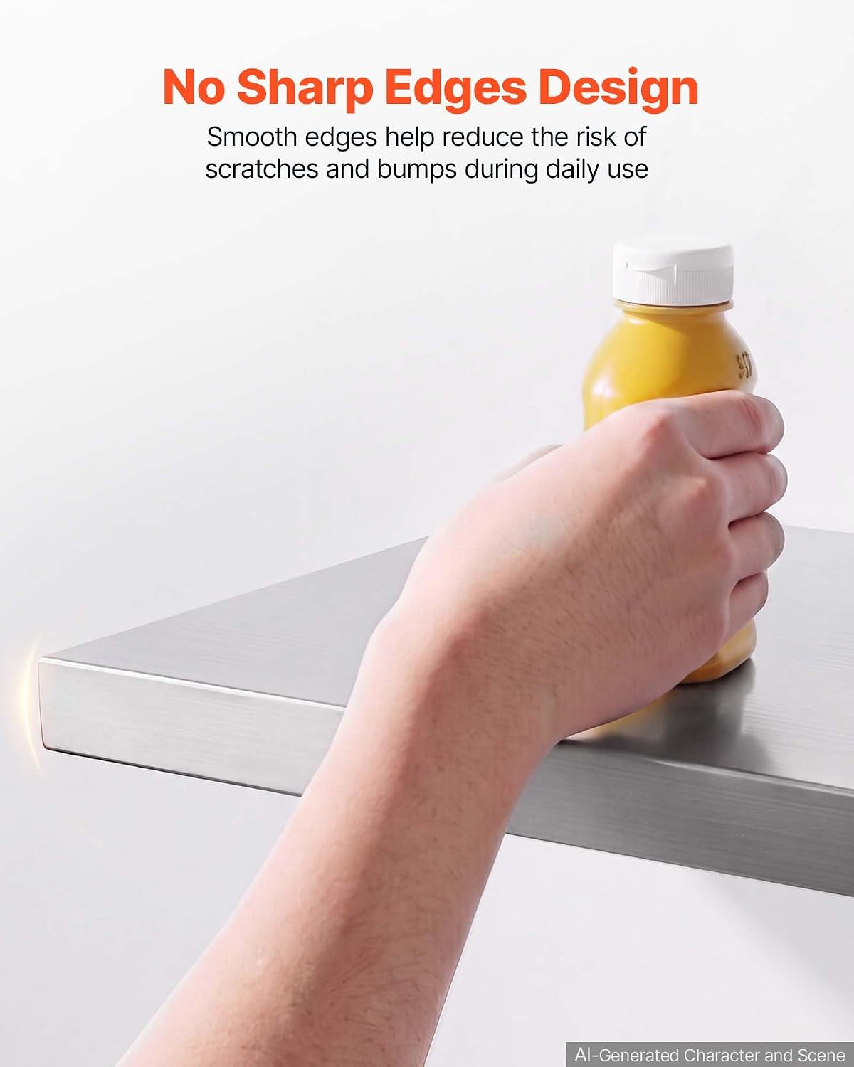 Close-up of a hand holding a bottle on the shelf corner to show the smooth, rounded edge.