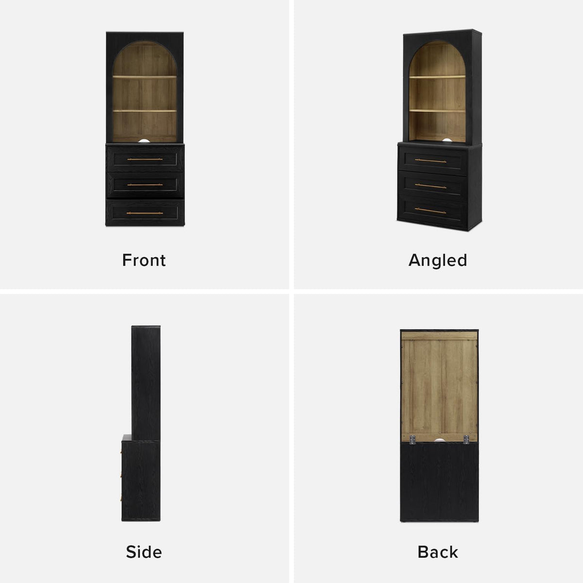 Four small shots on white background showing front, angled, side, and back views of the black hutch and drawer base.