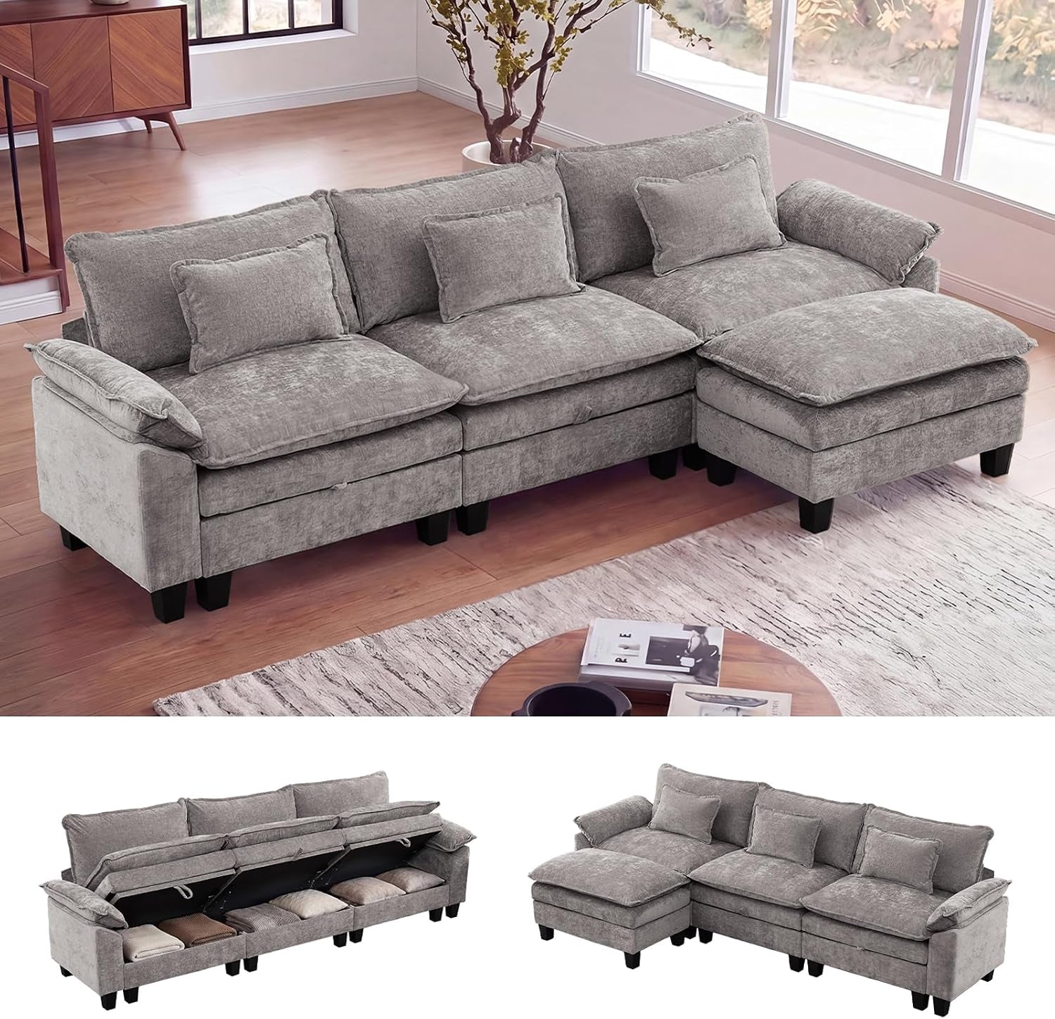 Light gray L-shaped sectional with chaise end shown in a bright room