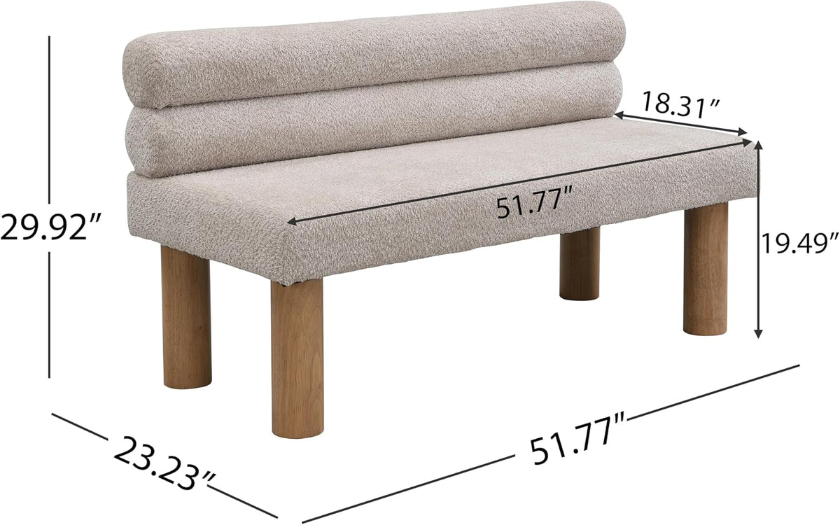 Boucle upholstered bench showing dimensional diagram with length and height measurements