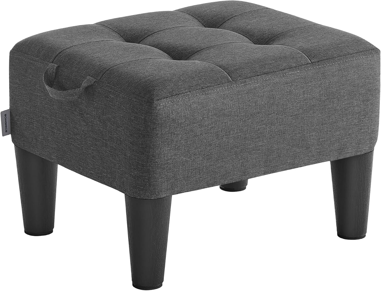 Dark gray linen-look tufted square ottoman angled front view showing side handle and tapered legs