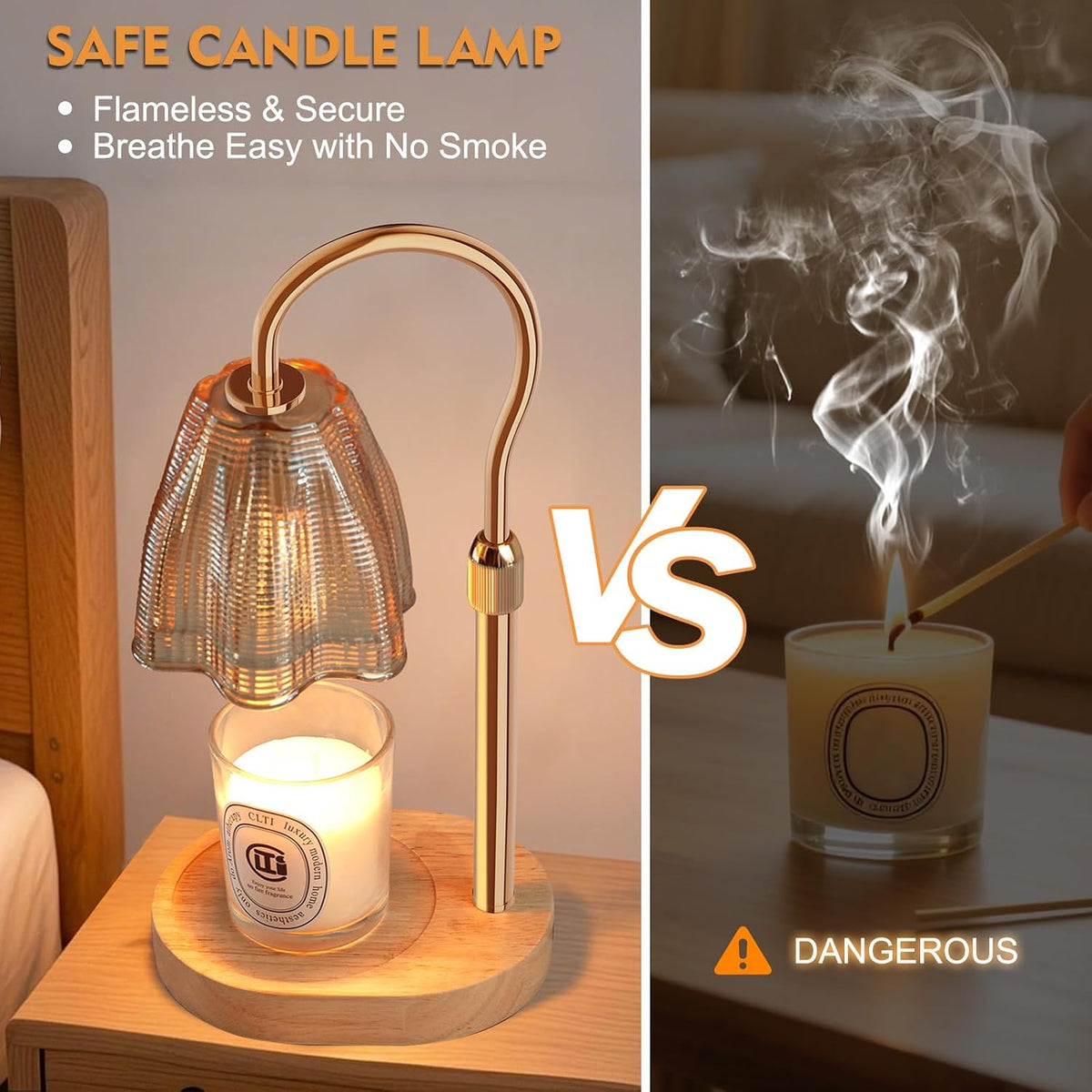 Side-by-side comparison showing the candle warmer lamp over a jar candle contrasted with an open flame