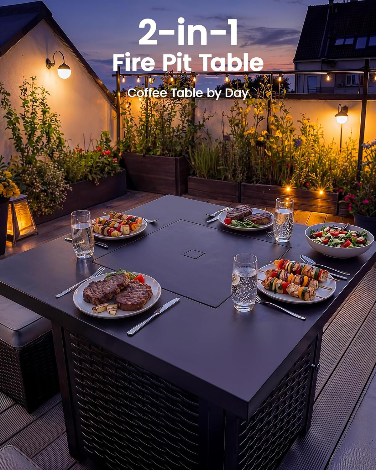 Black square fire pit table shown as a 2-in-1 dining surface with the lid closed and plates on top in an evening setting