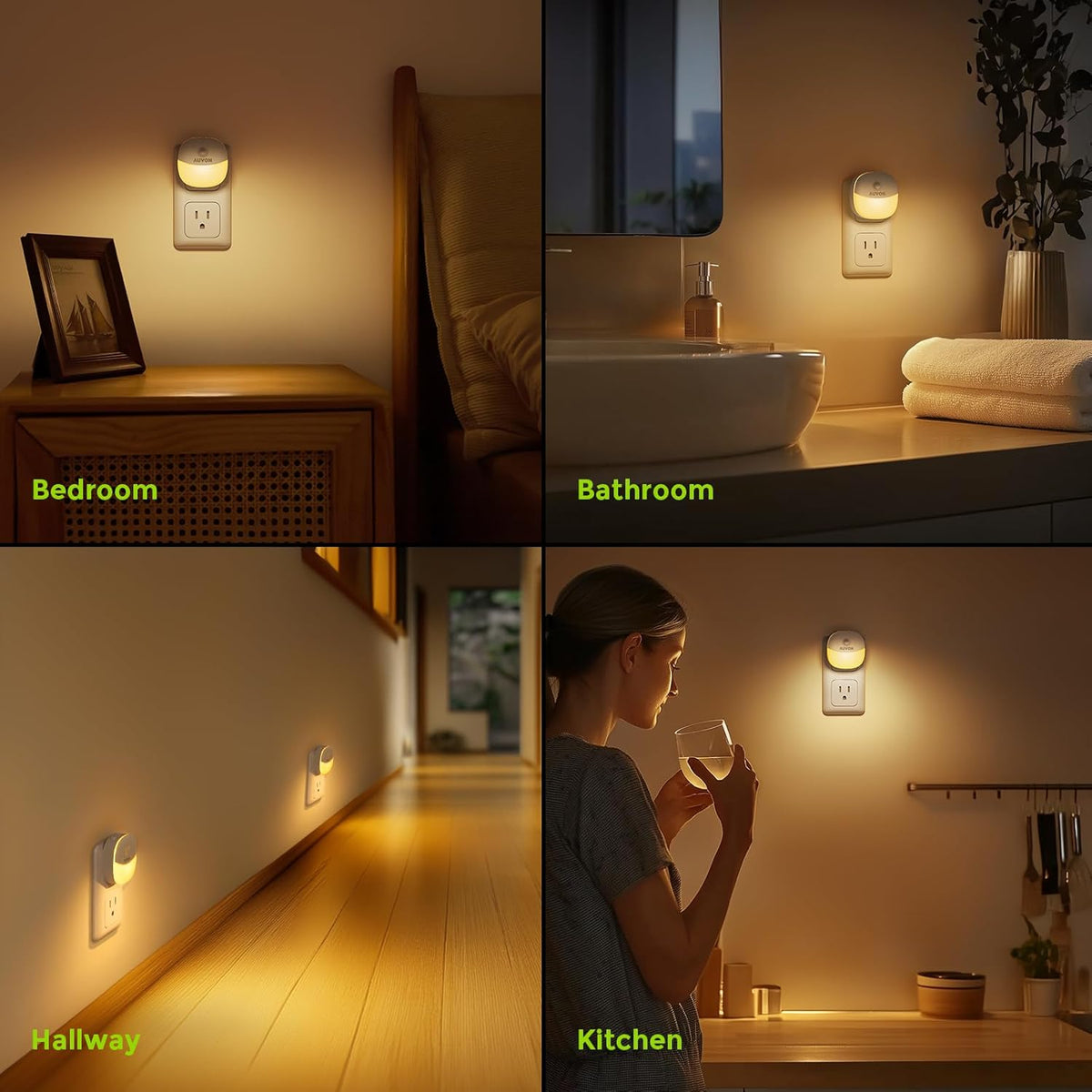 Four-room collage showing the plug-in night light in use in a bedroom, bathroom, hallway and kitchen at night.