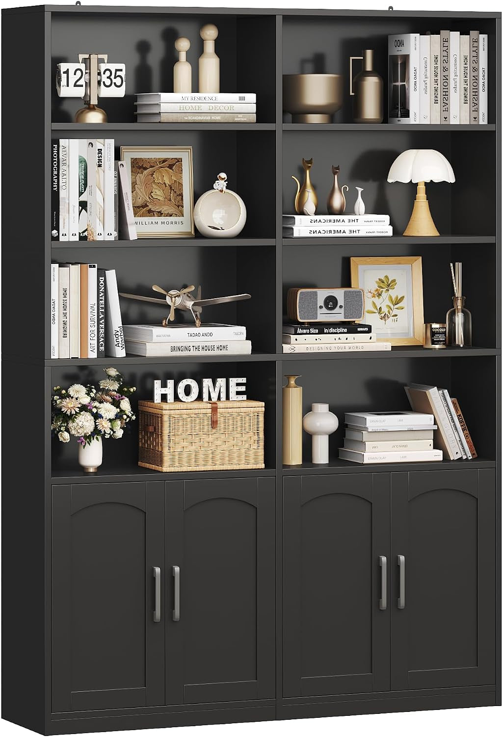 Tall dark gray double-wide bookshelf with four lower doors and decorative items on open shelves