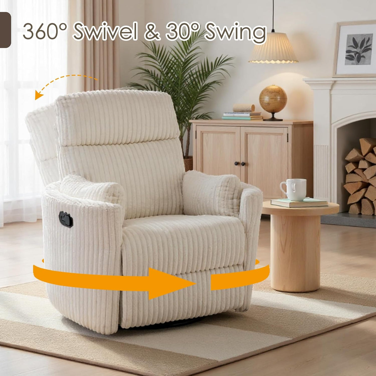 Beige corduroy-style recliner beside a small table and fireplace, with orange arrows indicating 360° swivel and a visible