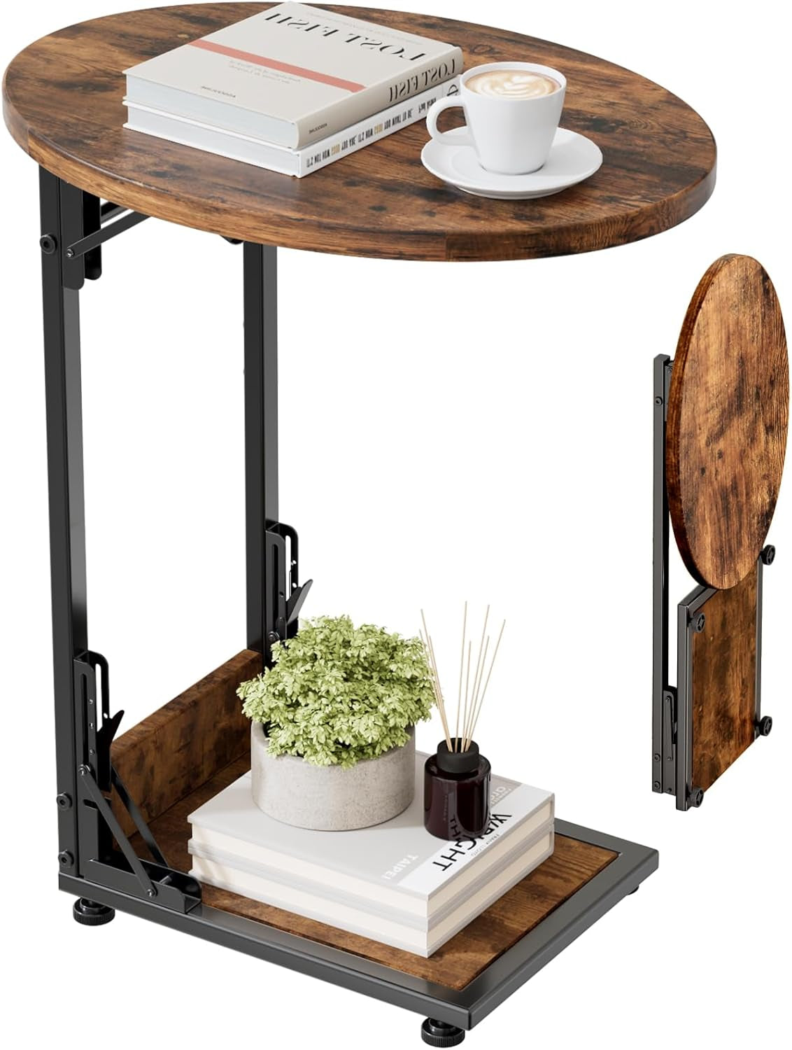 C-shaped folding end table in wood finish with black metal frame and folded side panel visible
