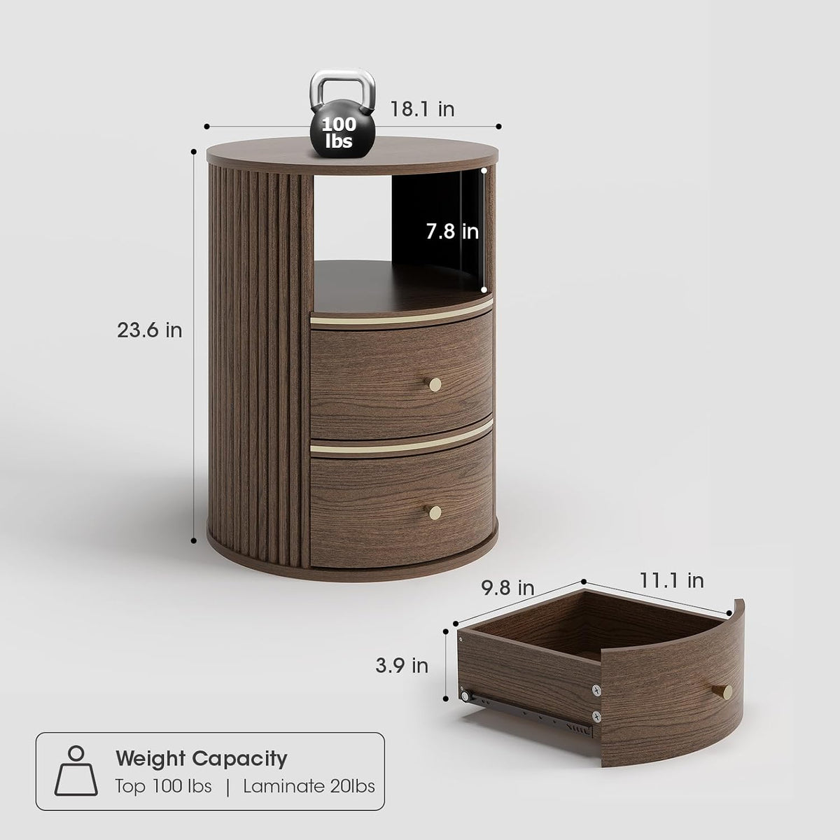 Front view of walnut round nightstand showing dimension overlays and a detached drawer displayed beside the unit