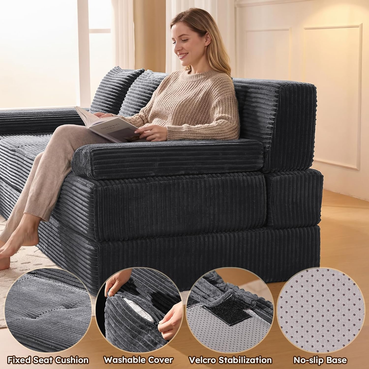 Side view of the sofa showing stacked cushions, removable cover zipper, velcro patch and dotted no-slip base