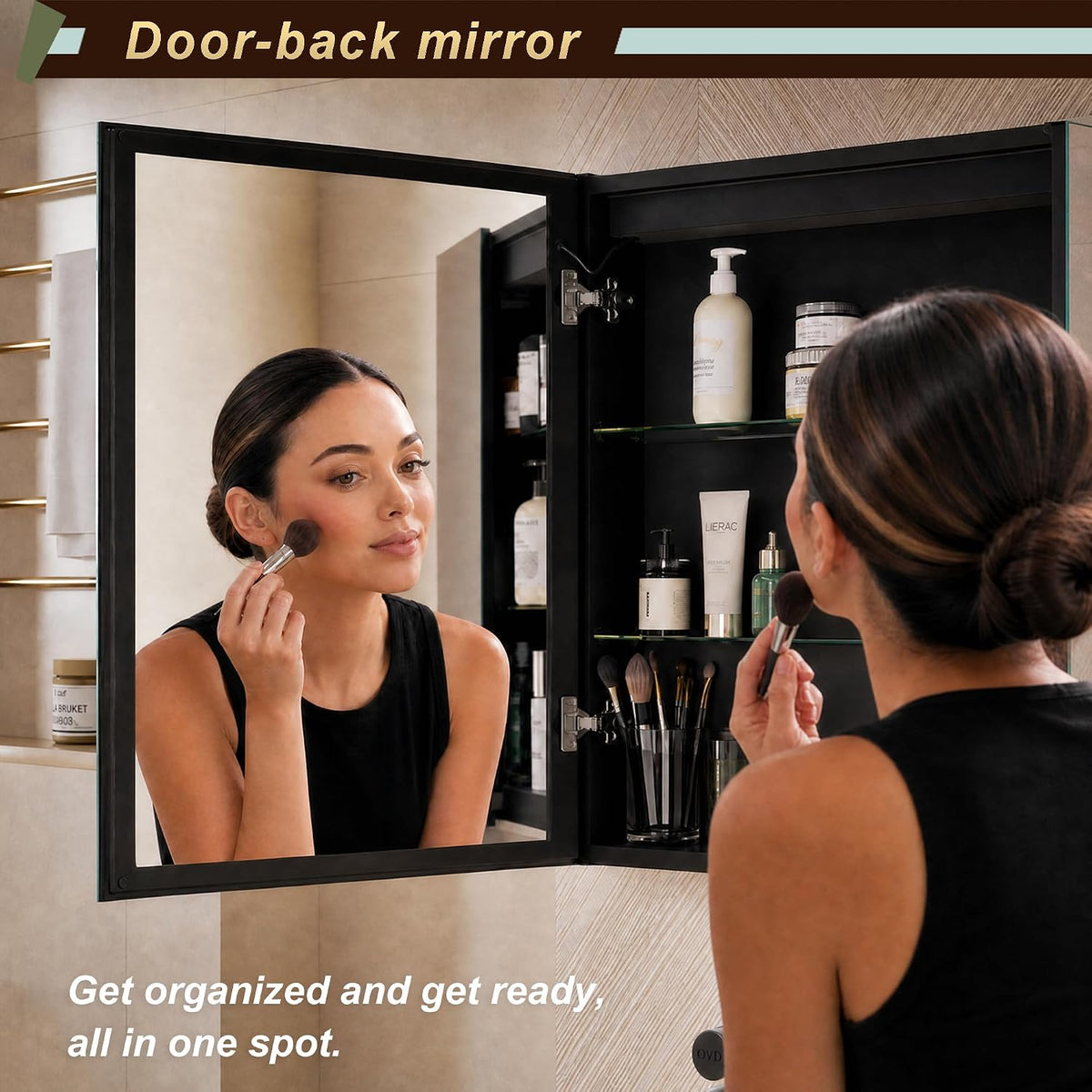 Person applying makeup using the door-back mirror while the open cabinet shows glass shelves stocked with toiletries.