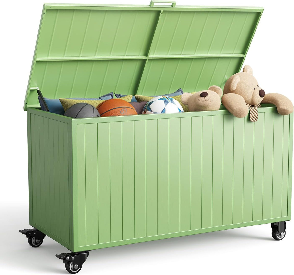 Green storage box with lid open, filled with toys and balls, shown on casters against a white background.