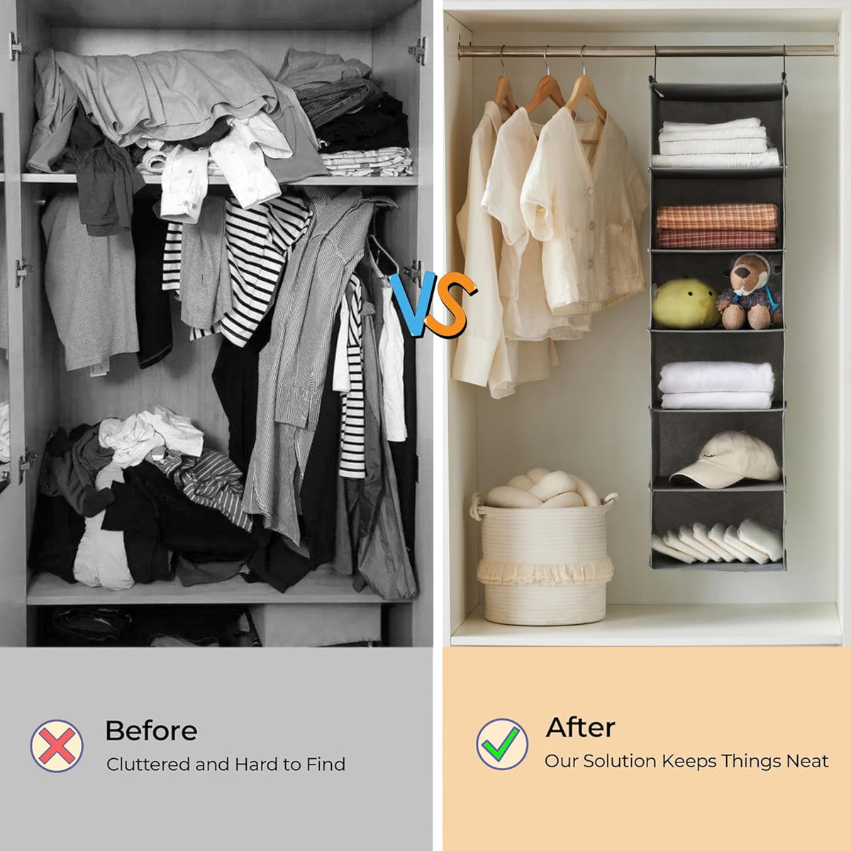 Split image showing a messy closet on the left and a neat closet with the grey hanging organizer on the right.