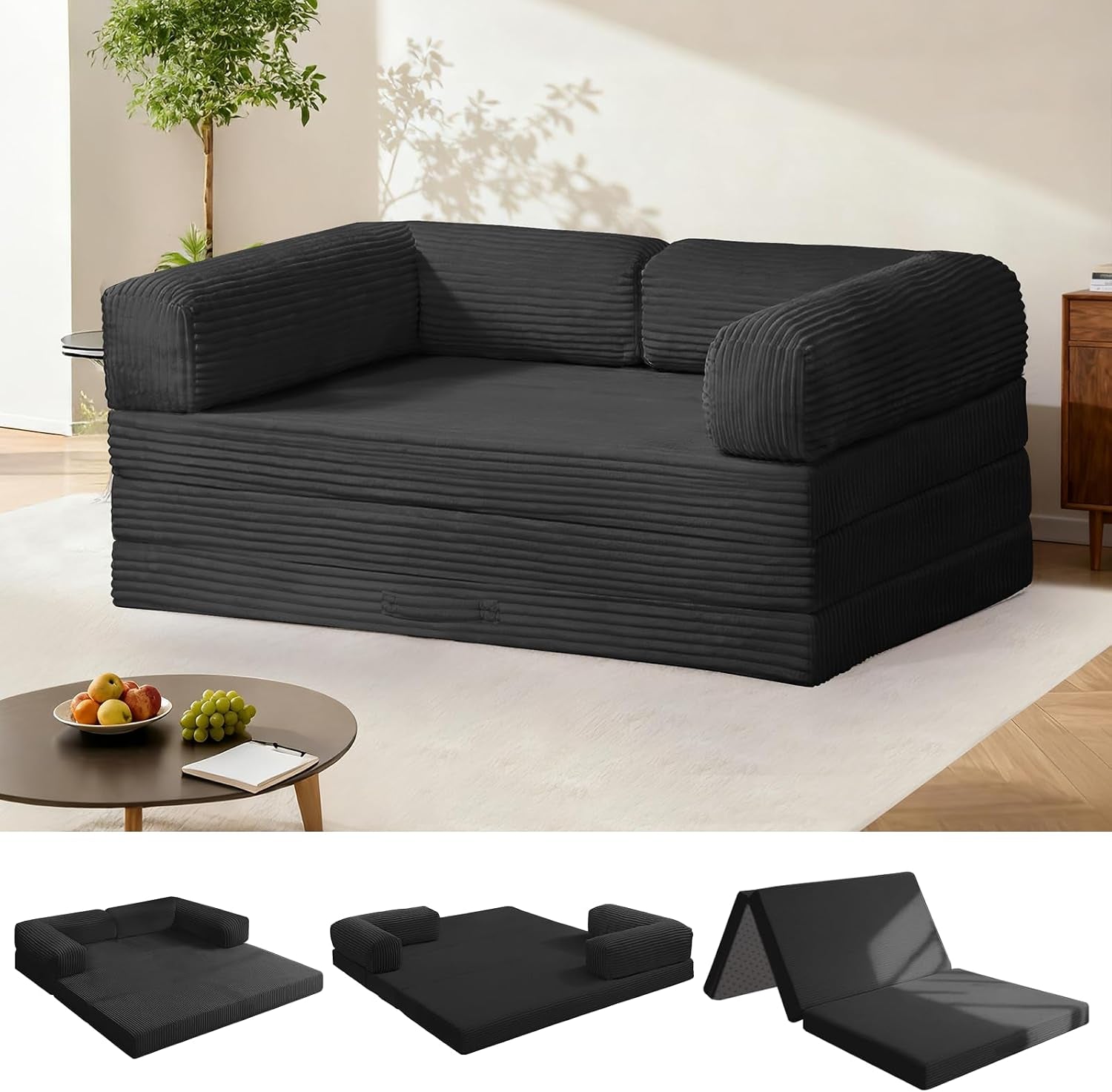 Folded sofa-bed in a dark color with rounded removable armrests; three small thumbnails show flat and folded configurations.