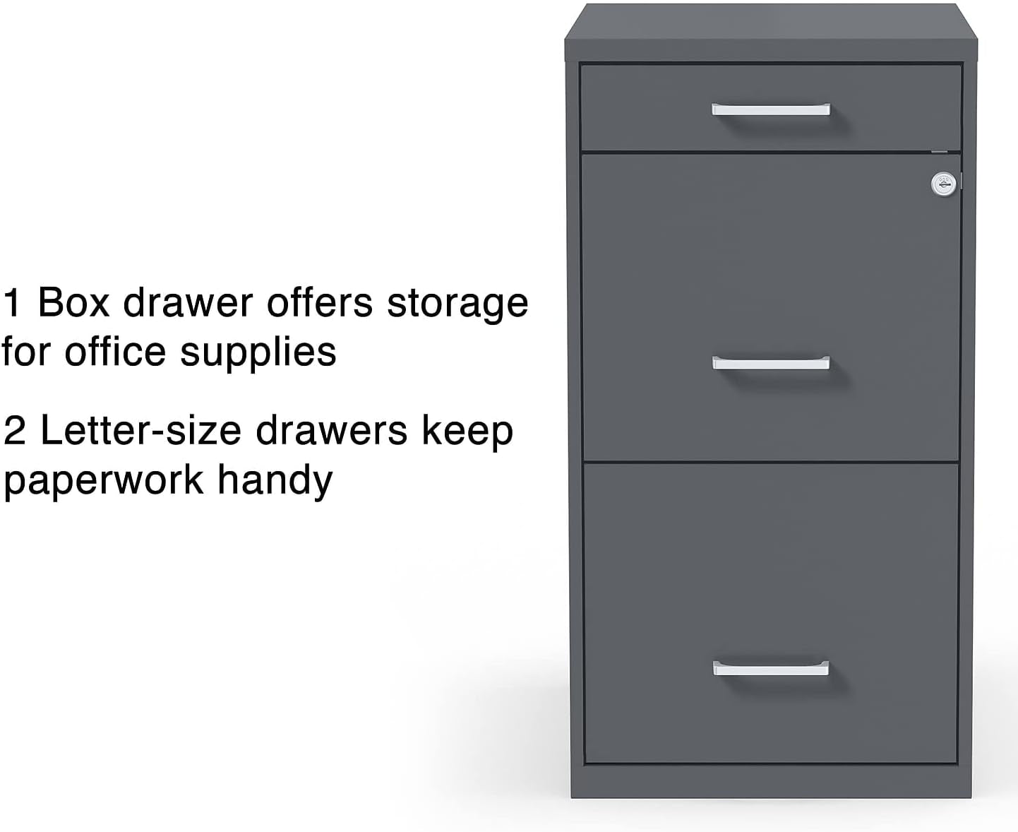Front view of charcoal vertical file cabinet showing three drawers and chrome pulls with explanatory text at left