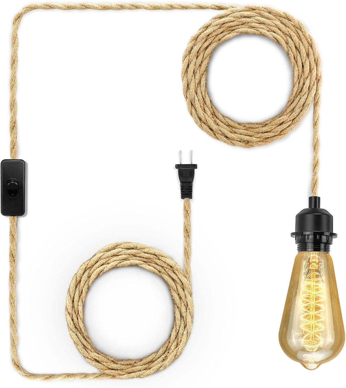 Flat-lay of coiled hemp rope cord with inline switch, two-prong plug and a lit Edison-style bulb at the cord end.