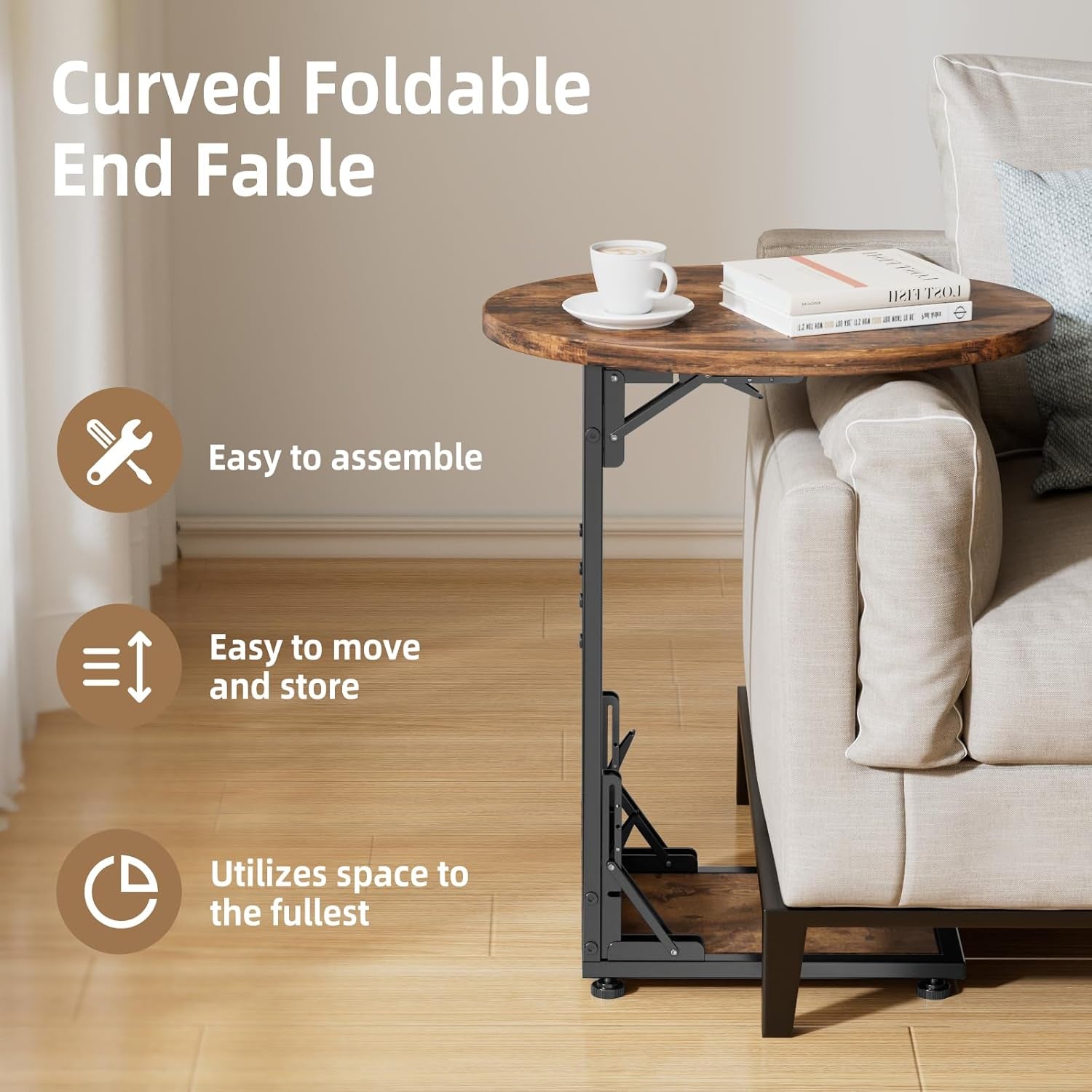 Side view of C-table slid next to sofa illustrating compact, space-saving design and lower shelf