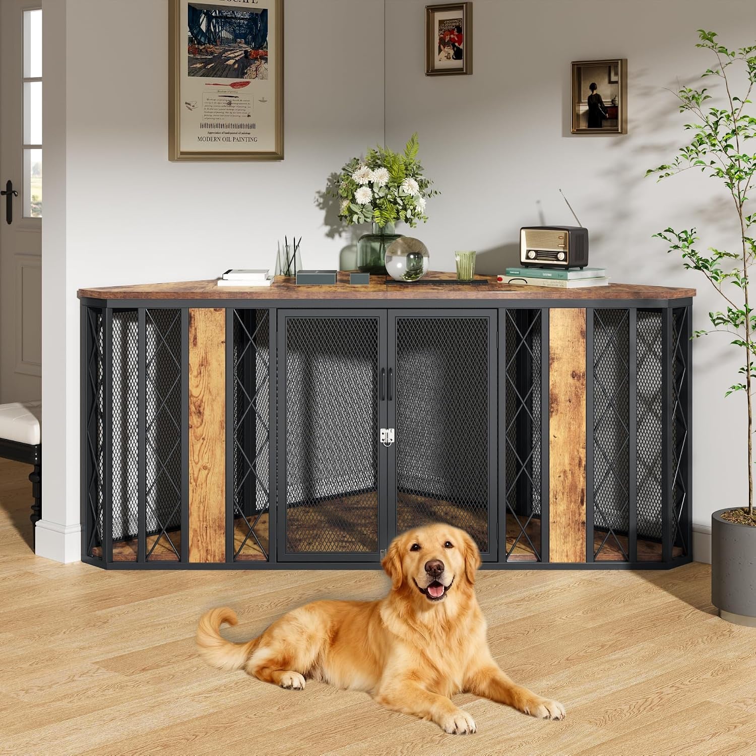 Long crate console with black metal frame, wood panels and a golden retriever lying in front.