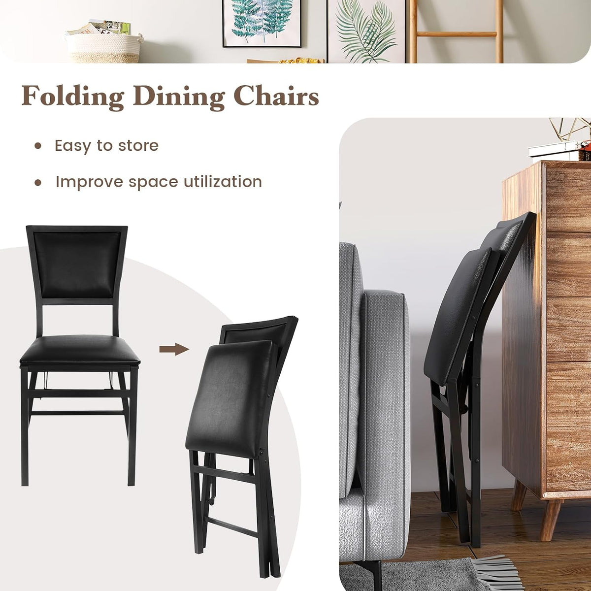 Graphic showing the chair front view and folded profile tucked upright between sofa and cabinet.