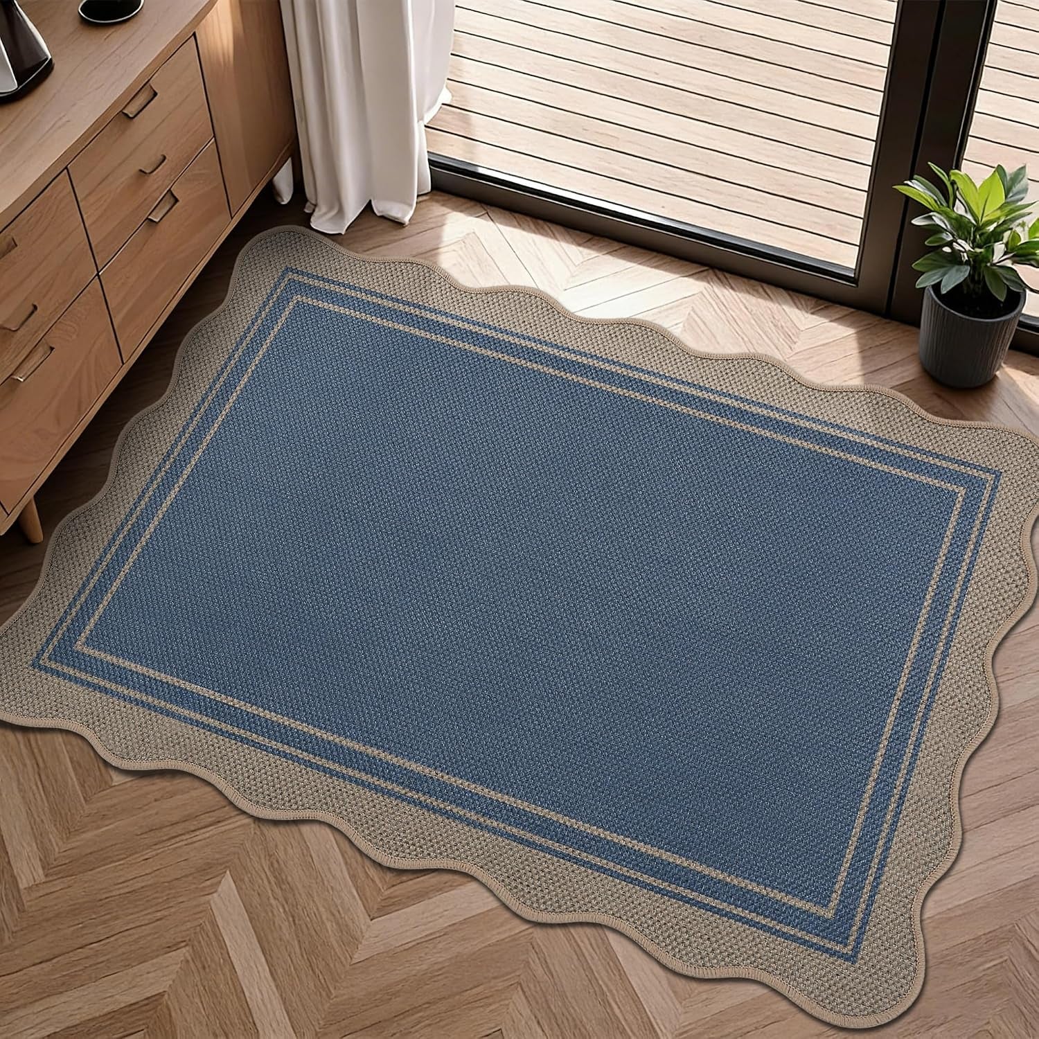 Zeeinx 5x7 Scalloped Rug Easy Jute Washable Outdoor Patio Rug | Indoor Outdoor Black Geometric Neutral, gallery view 31