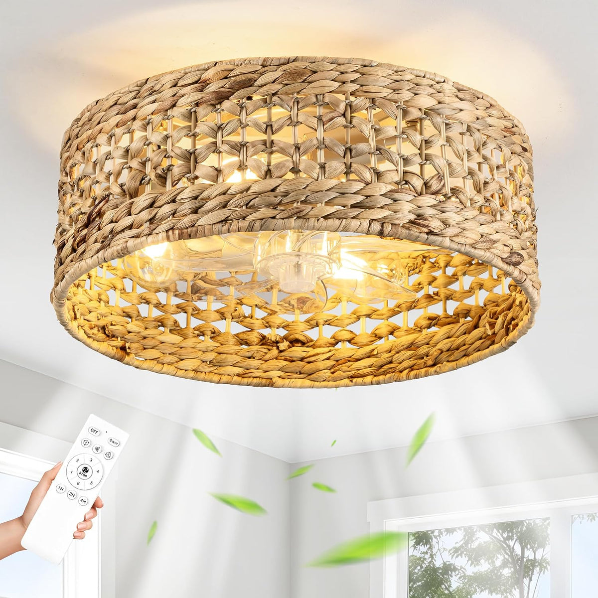 Close underside view of a light rattan woven shade lit warm, showing translucent fan blades inside.