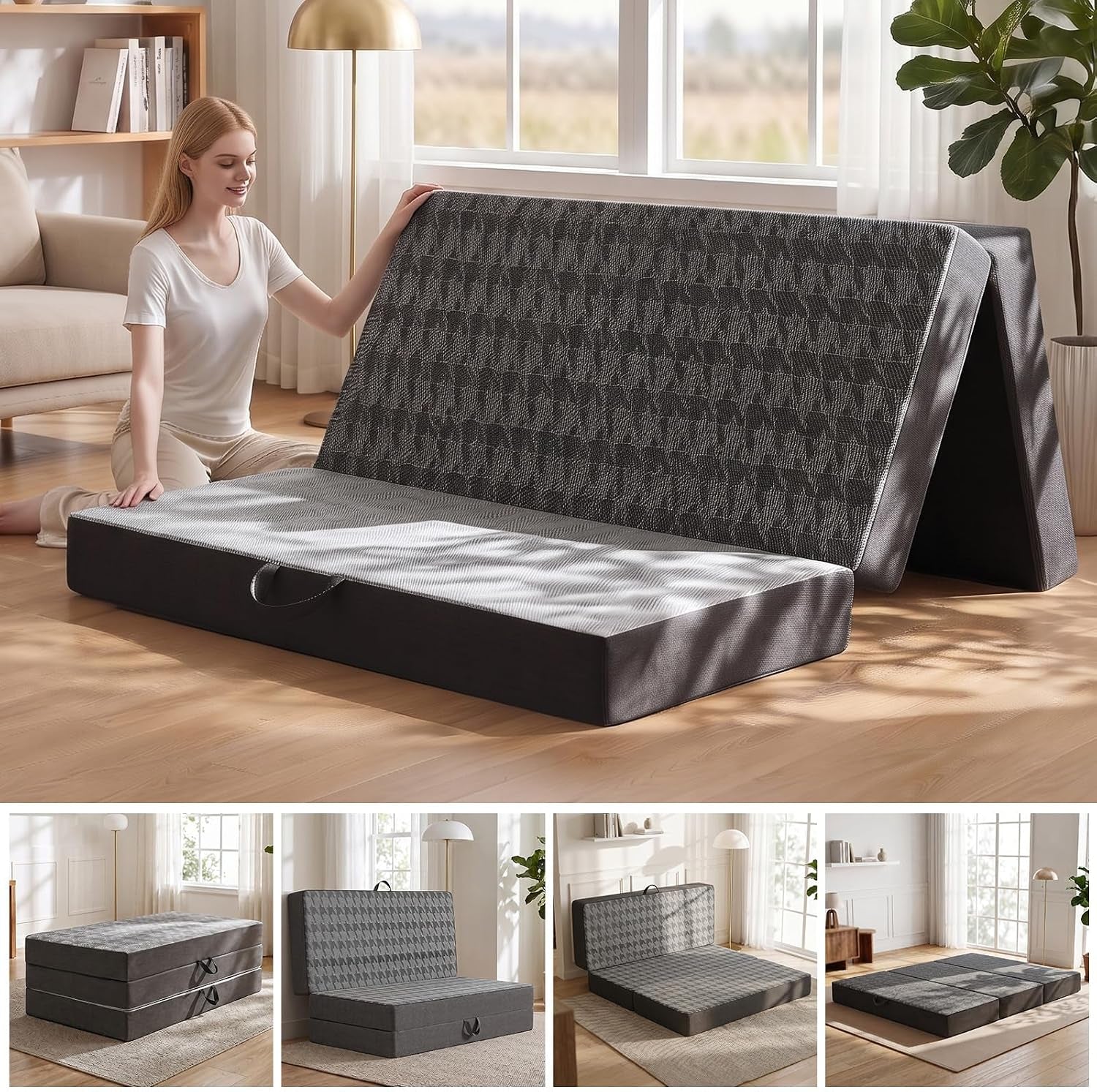 Angled view of a grey tri-fold mattress set in a folded A-frame with a visible carry handle and nearby plant.