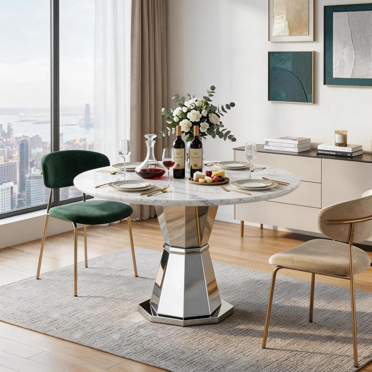Close side view showing the table's mirror-finish silver faceted pedestal and octagonal base under a set dining top.