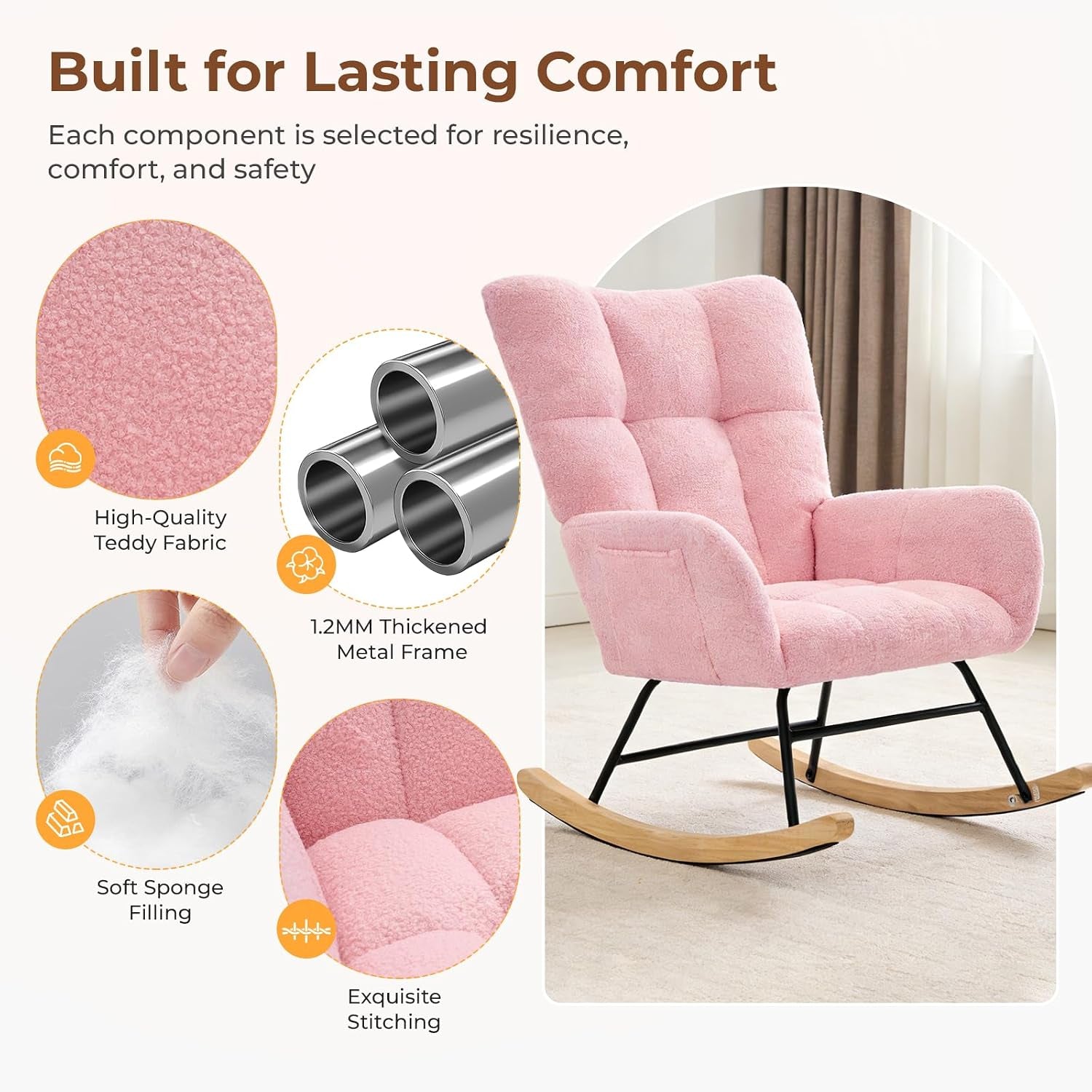 Close-up collage showing teddy fabric texture, metal frame tubes, soft sponge filling and stitched seat details