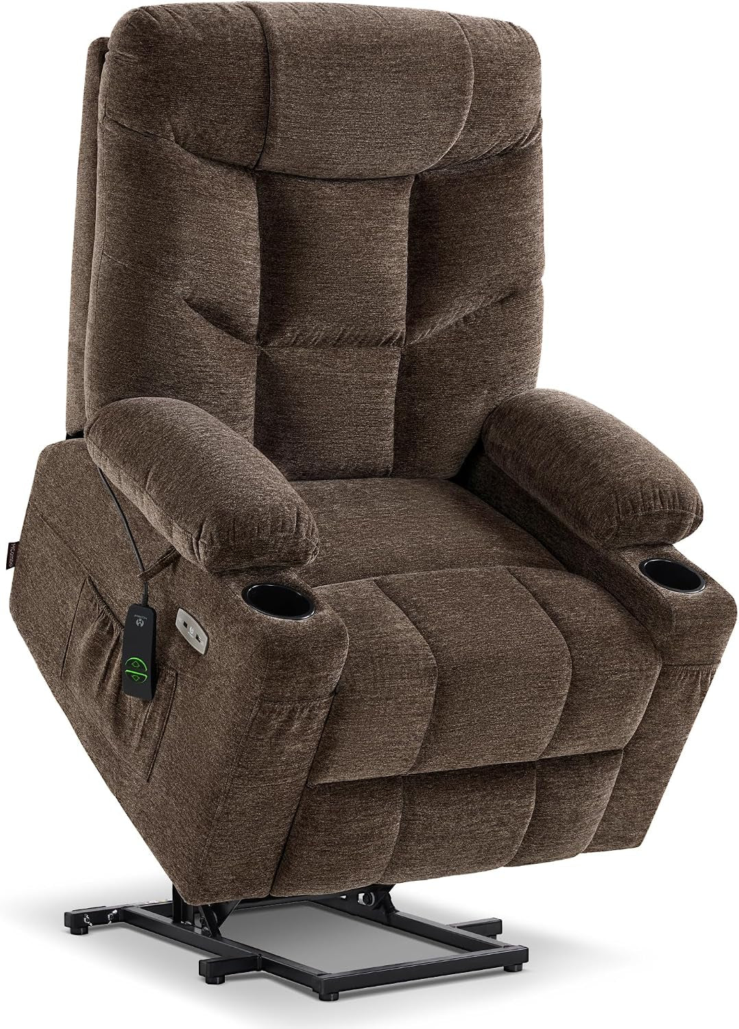 Three-quarter right-facing view of a brown fabric lift recliner elevated on its lift base, showing stitched seat panels.