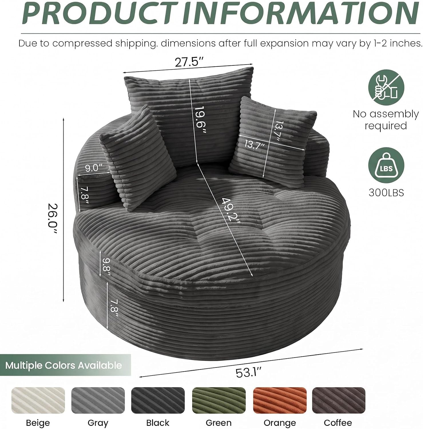 Dimension diagram view of the round chaise with measurement lines and a row of color swatches beneath.