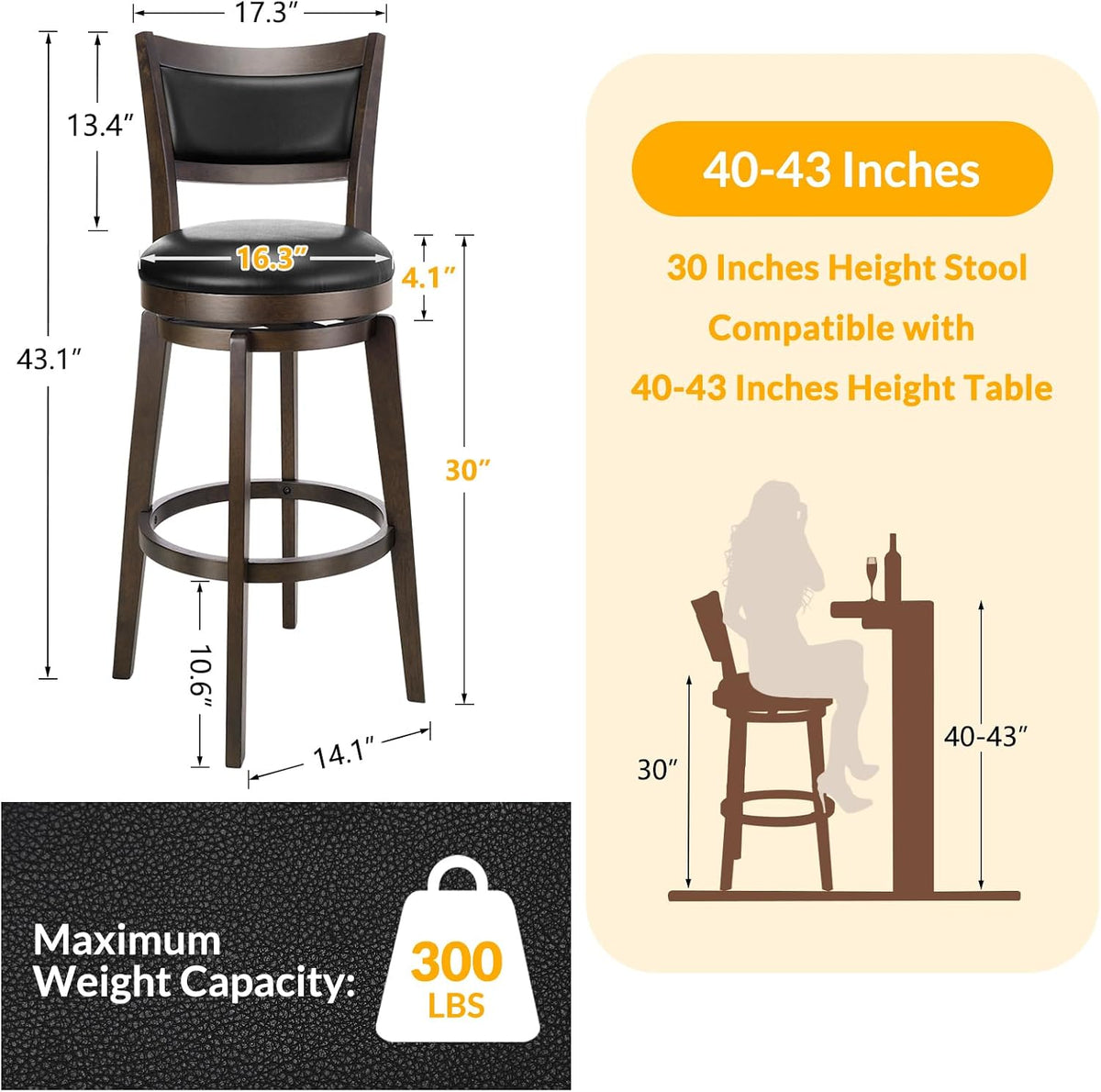 Dimension graphic showing overall 16.3"W x 17.3"D x 43"H, 30" seat height and 300 lb capacity