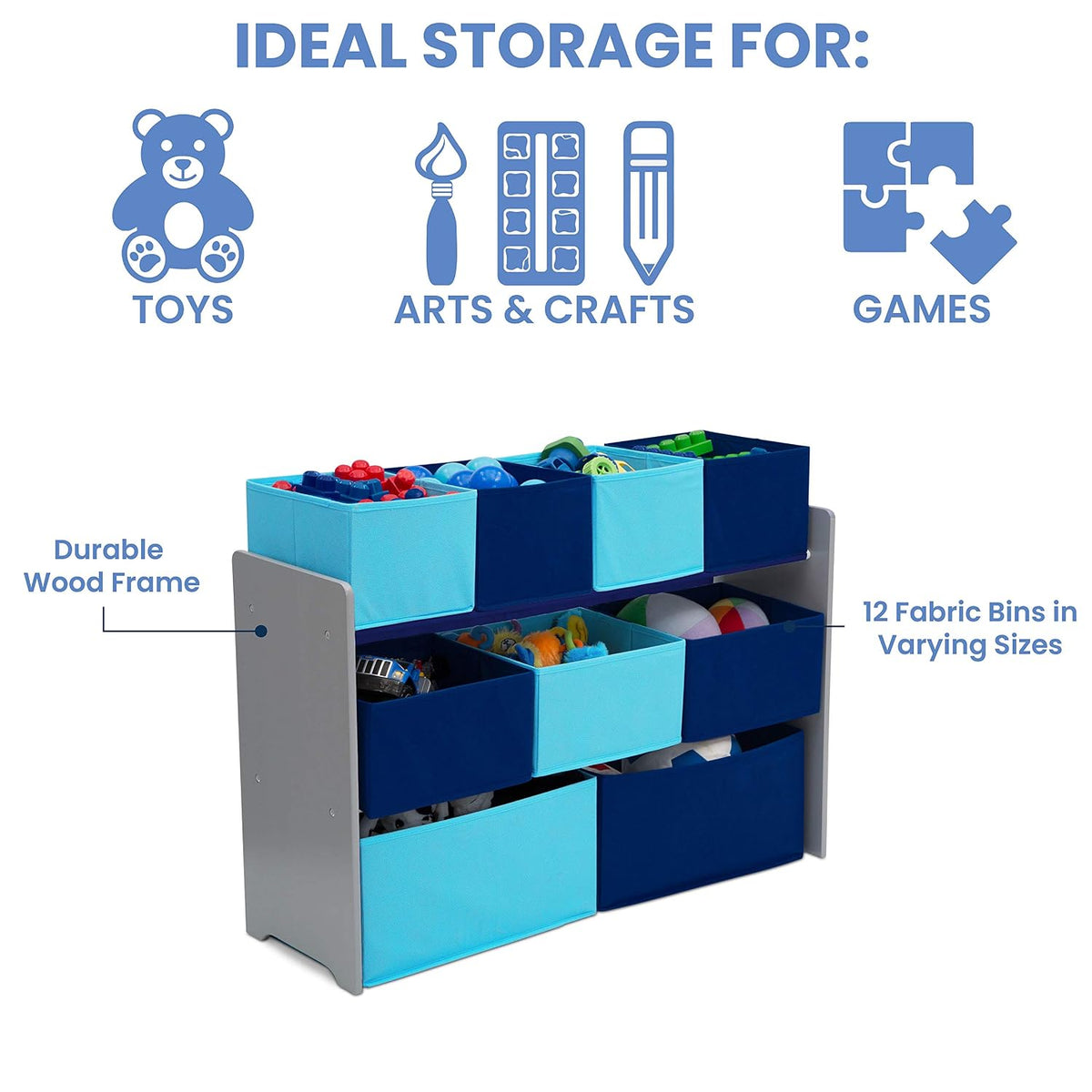 Three-tier gray shelf with alternating navy and aqua fabric bins, overlaid icons and arrows highlighting uses.