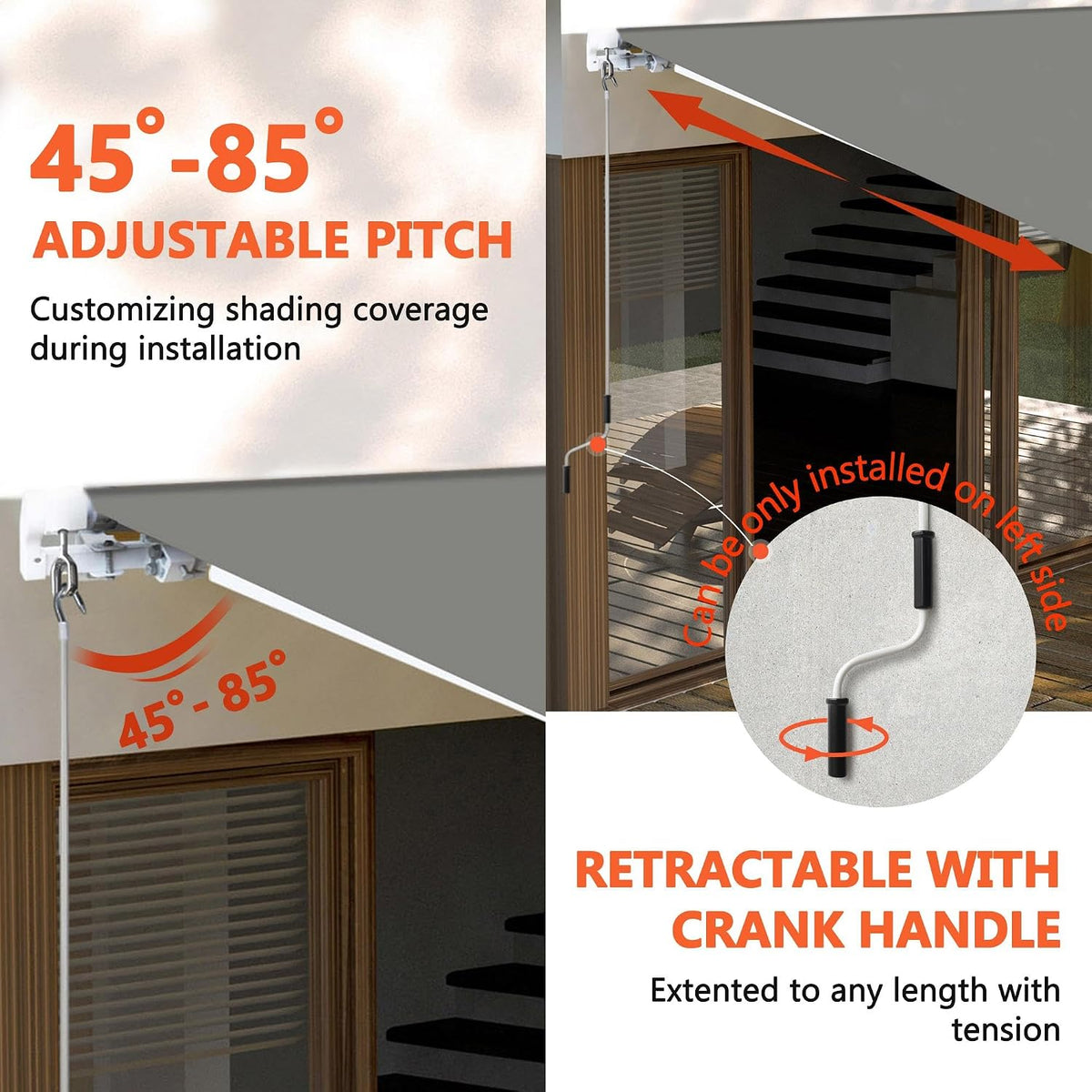 Split image showing awning edge with adjustable pitch illustration and a crank handle close-up