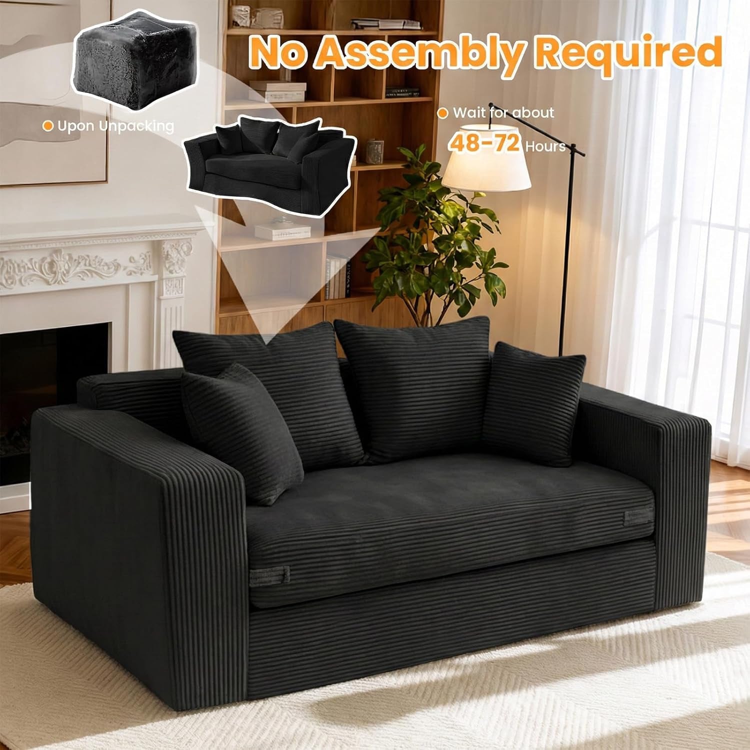55" Small Boneless Couch, 3-In-1 Boneless Loveseat Sleeper Sofa Bed Convertible Sofa Bed with 4 Pillows, Black Corduroy Boneless Couch for Living Room, Guest Room, Small Space, No Assembly Required