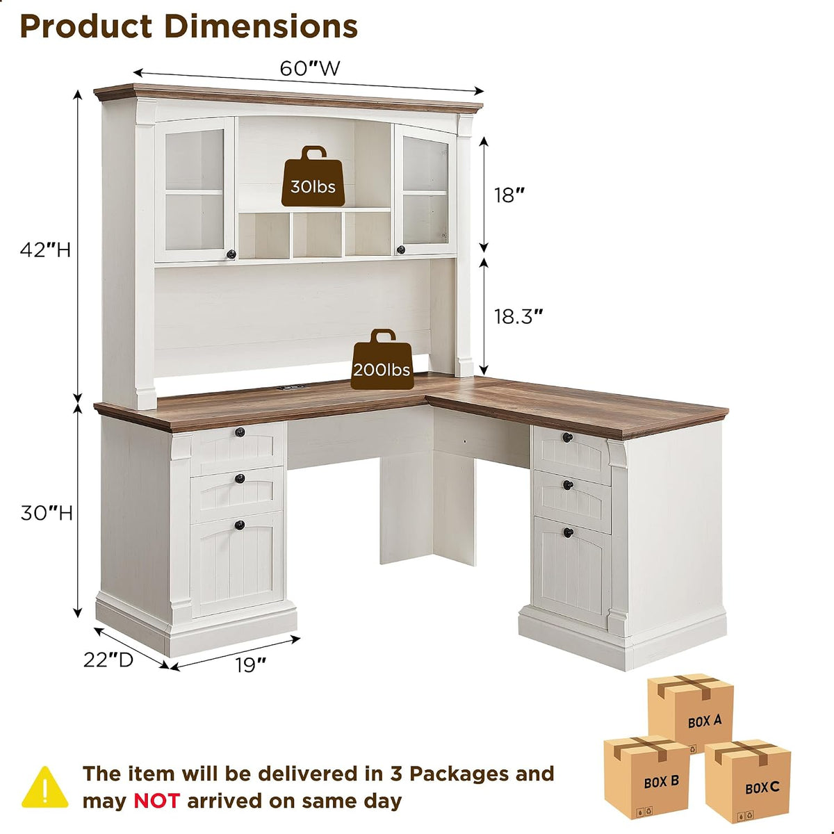 Antique white L-shaped desk with 42 in hutch shown with dimension callouts and weight capacity icons on a white background