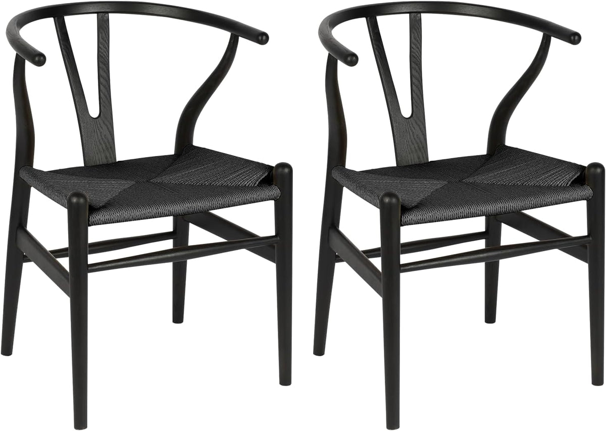 Two black-framed wishbone chairs with black woven seats shown side by side on white.