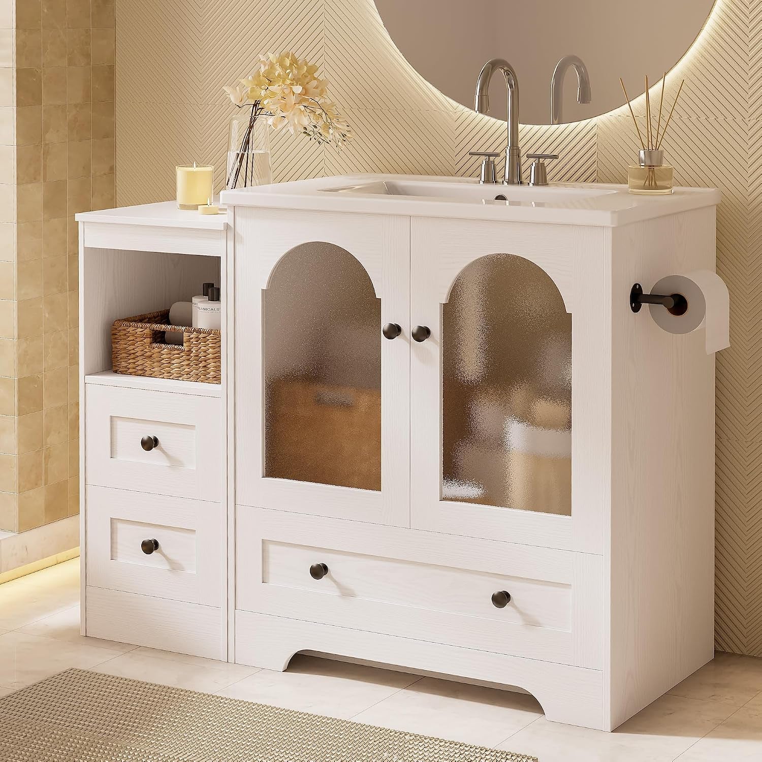 IRONCK 42 Inch Bathroom Vanity with Sink Set, Reversible Design, White | Modern Bathroom Storage Cabinet, gallery view 9