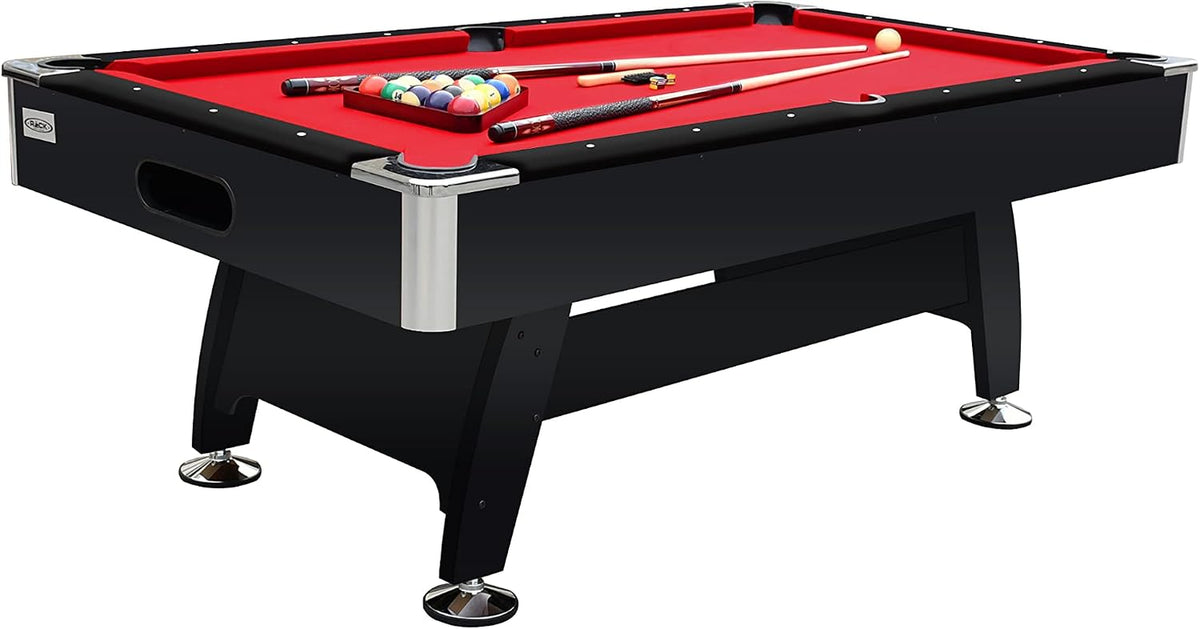 Front-right angled view of black 7-foot pool table with red felt and chrome corner caps.