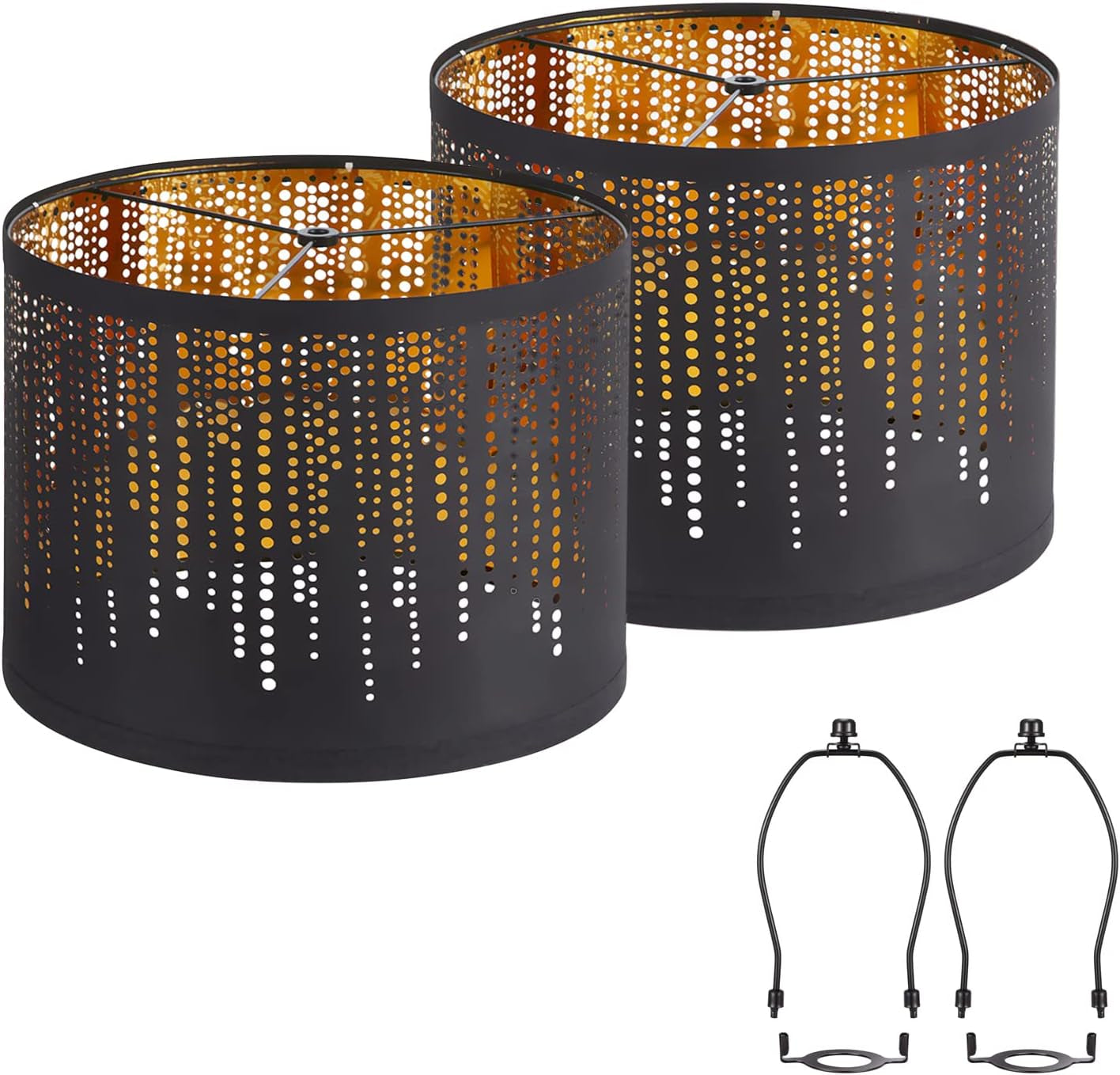 Two black perforated metal drum shades showing warm gold interior and two black harp fittings below