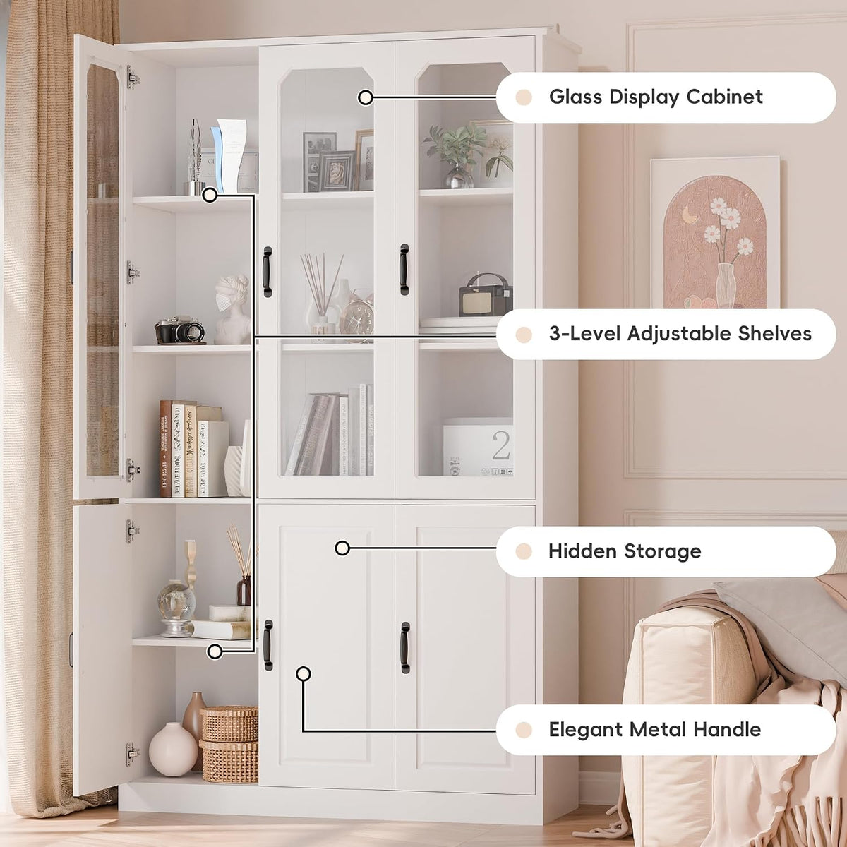 White pantry cabinet with open door showing labeled glass display, 3-level adjustable shelves and hidden lower storage