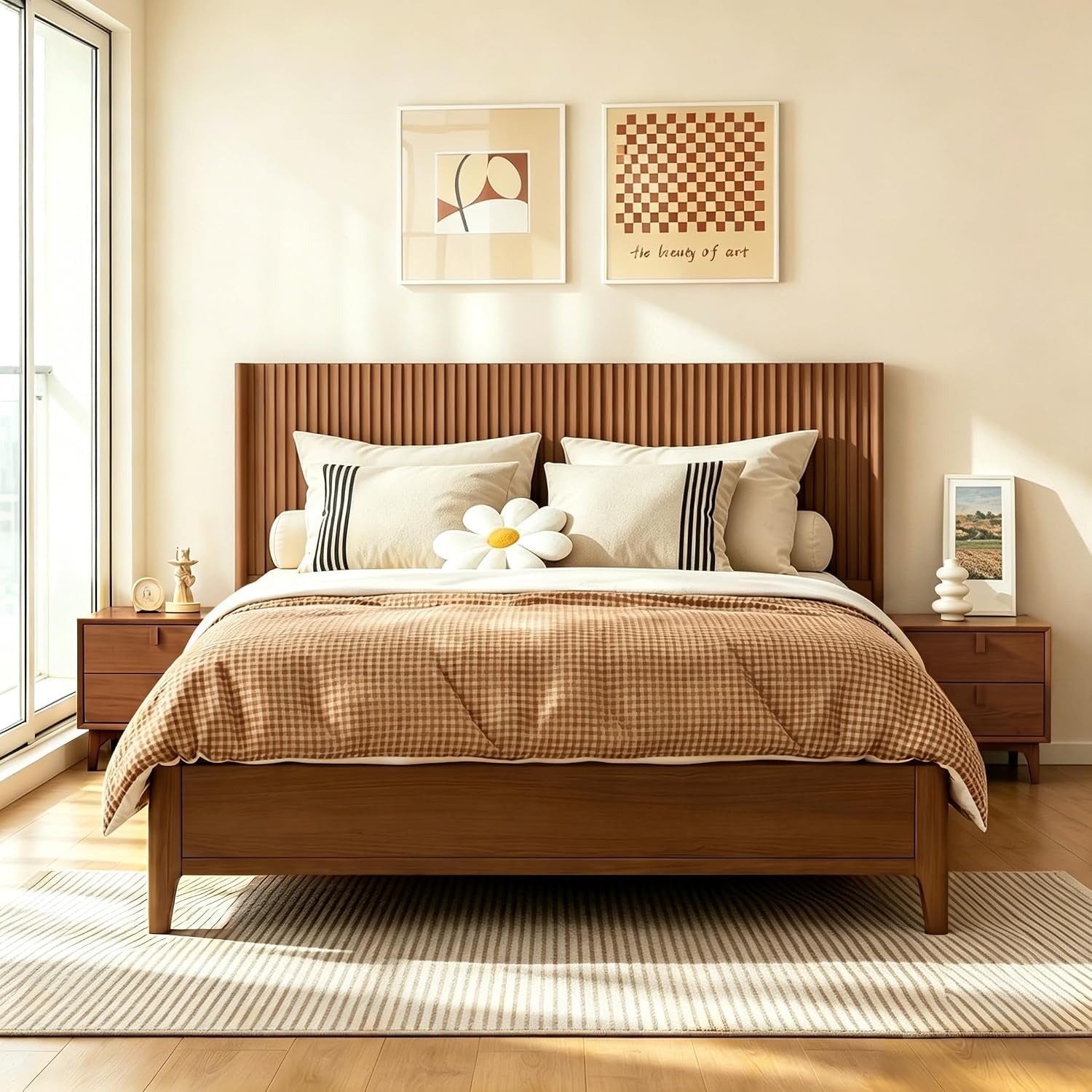 Styled bedroom with a bed and pillows placed against a wall-mounted fluted wooden headboard.