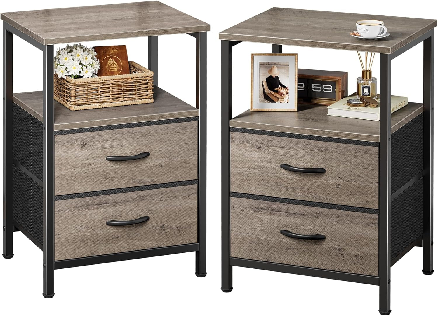 Two light-brown wood nightstands with black metal frames, open shelf and two drawers, styled with basket and decor.