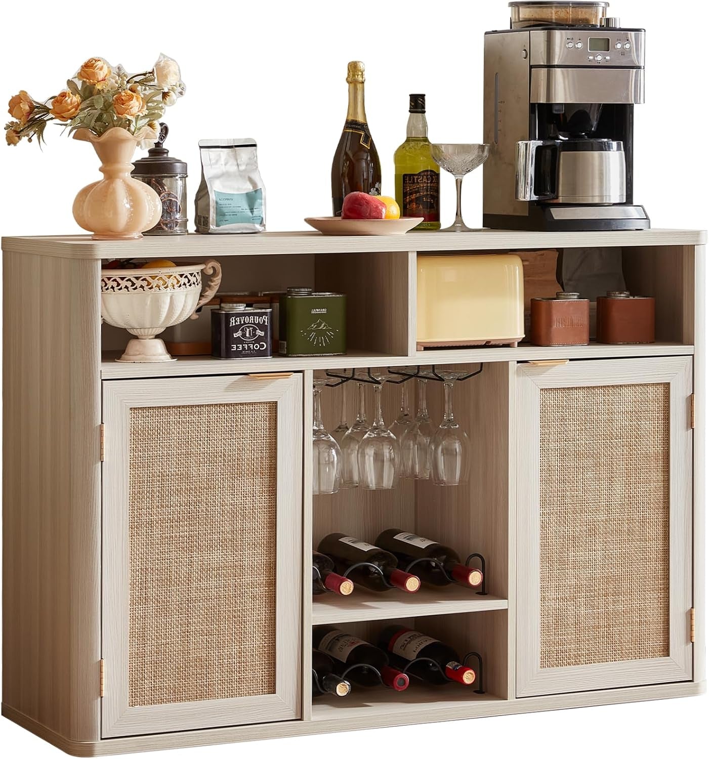 Front view of a light wood rattan-front wine cabinet with open shelves and bottles.