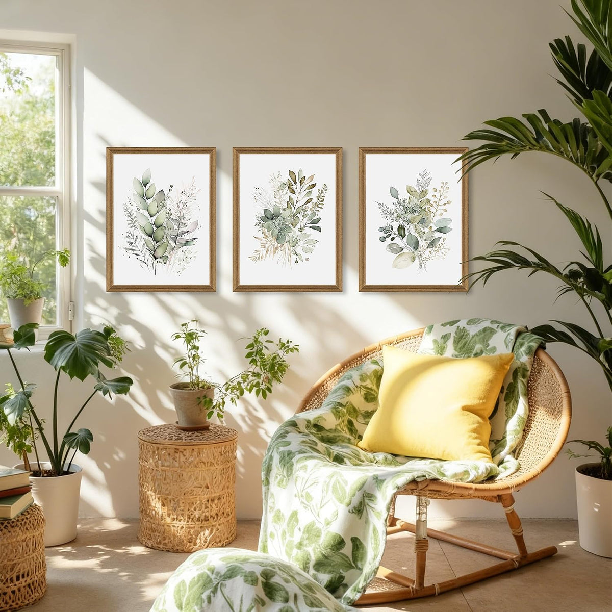 Three framed botanical prints displayed in a sunlit corner with a rattan chair and multiple leafy houseplants