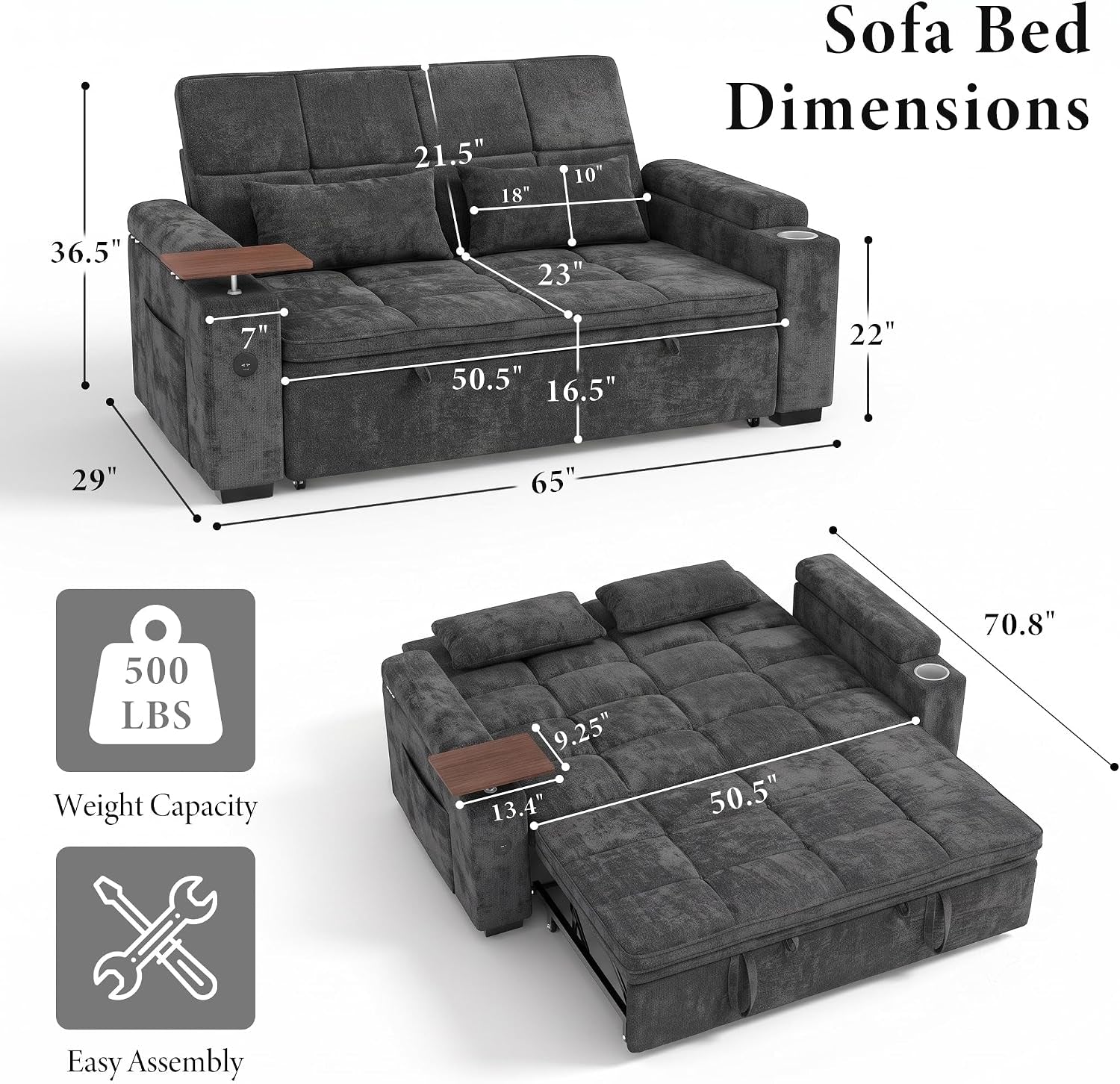 Graphic diagram of the sofa bed showing illustrated dimensions, pull-out layout and 500 lb capacity icon