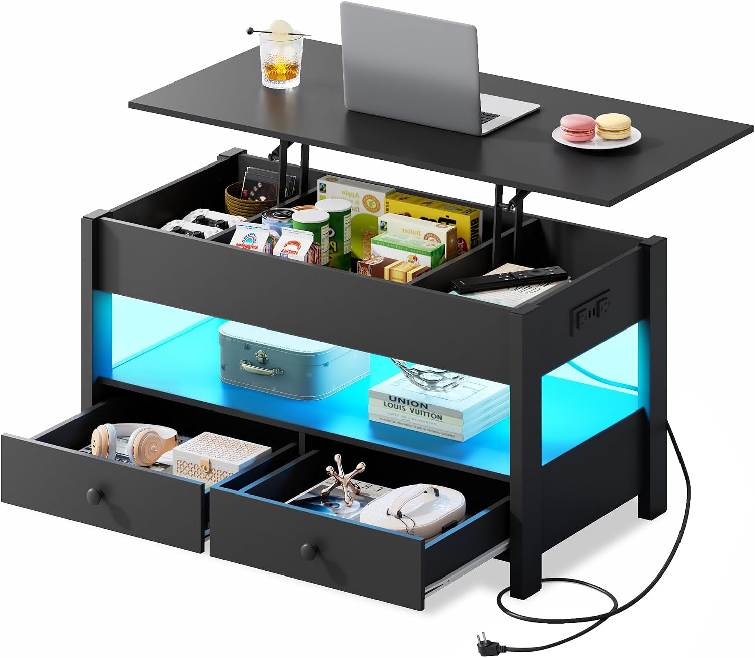 Black lift-top coffee table with top raised, open storage, illuminated middle shelf and two open drawers