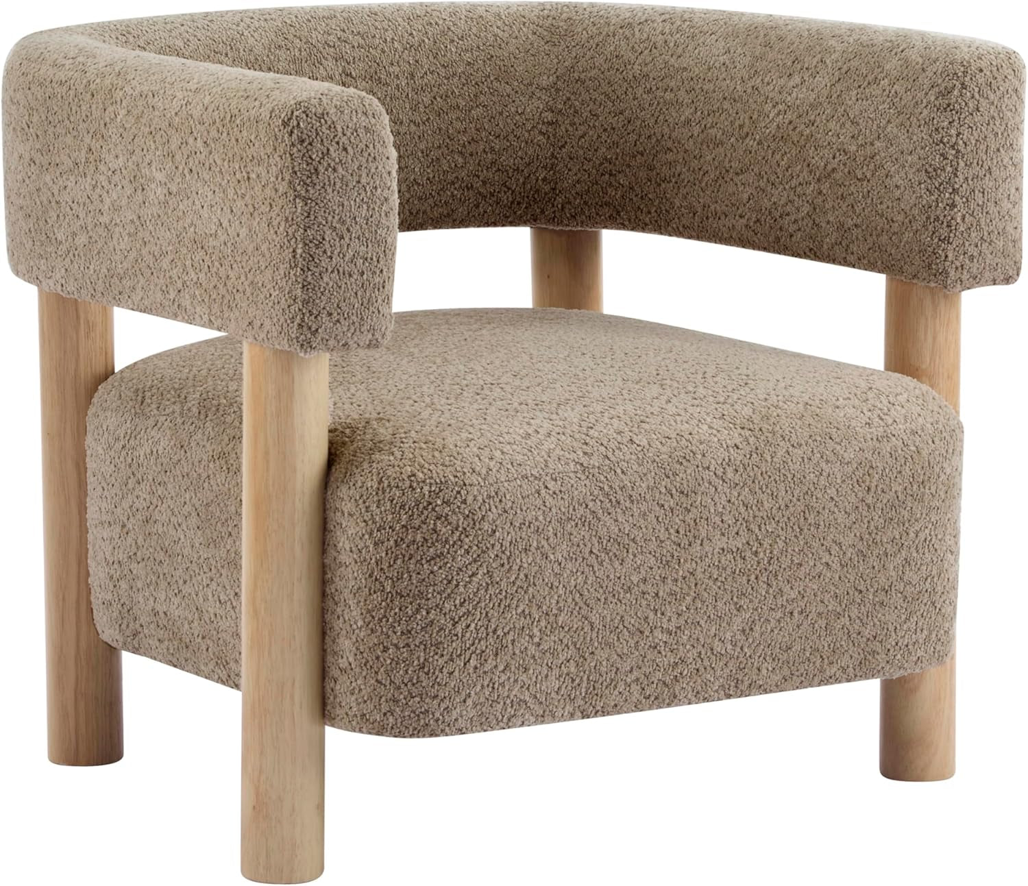 Three-quarter angled view of the light camel boucle chair highlighting curved back and wooden legs