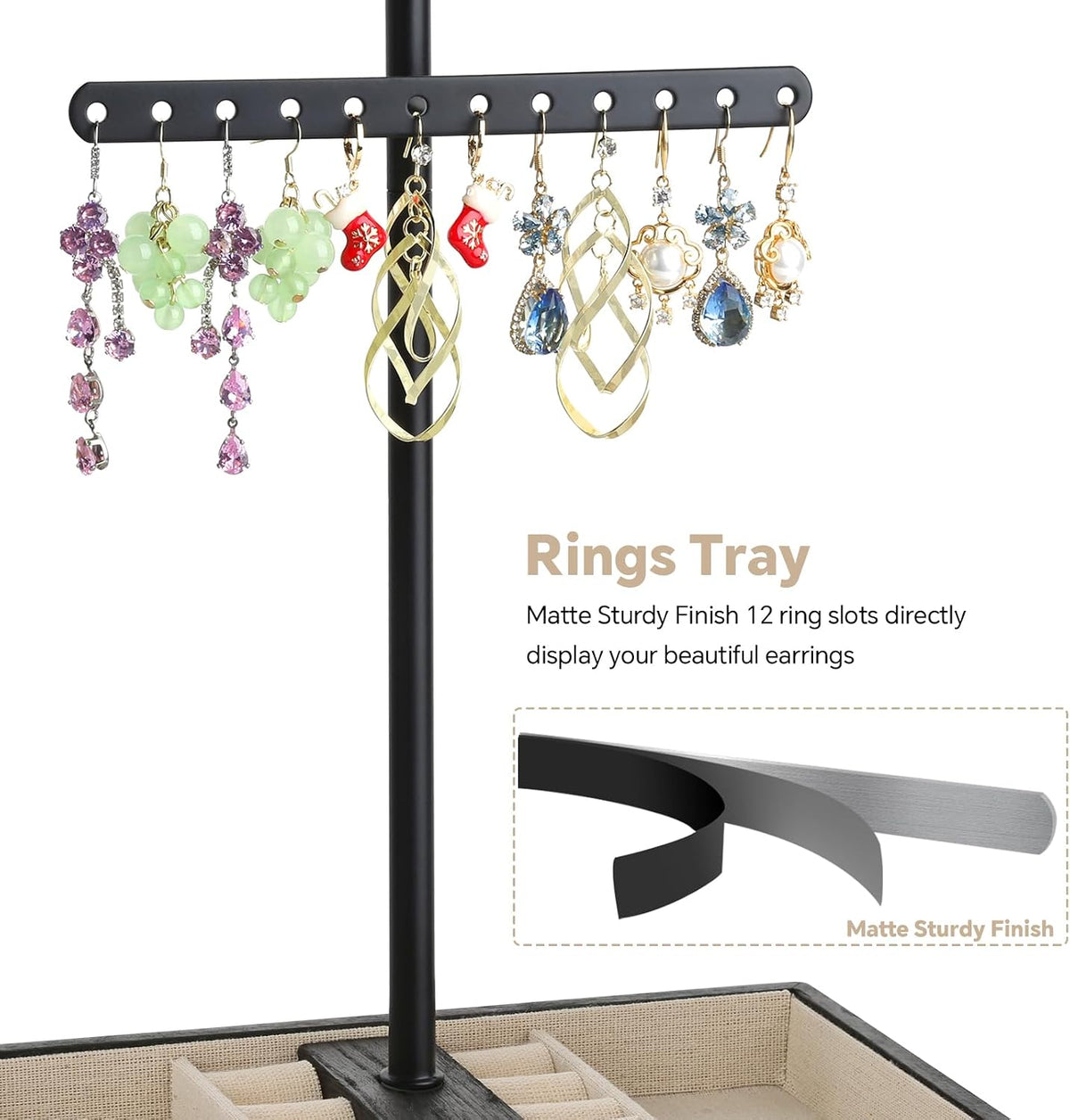 Front close-up of black earring bar displaying multiple dangling earrings in a neat row