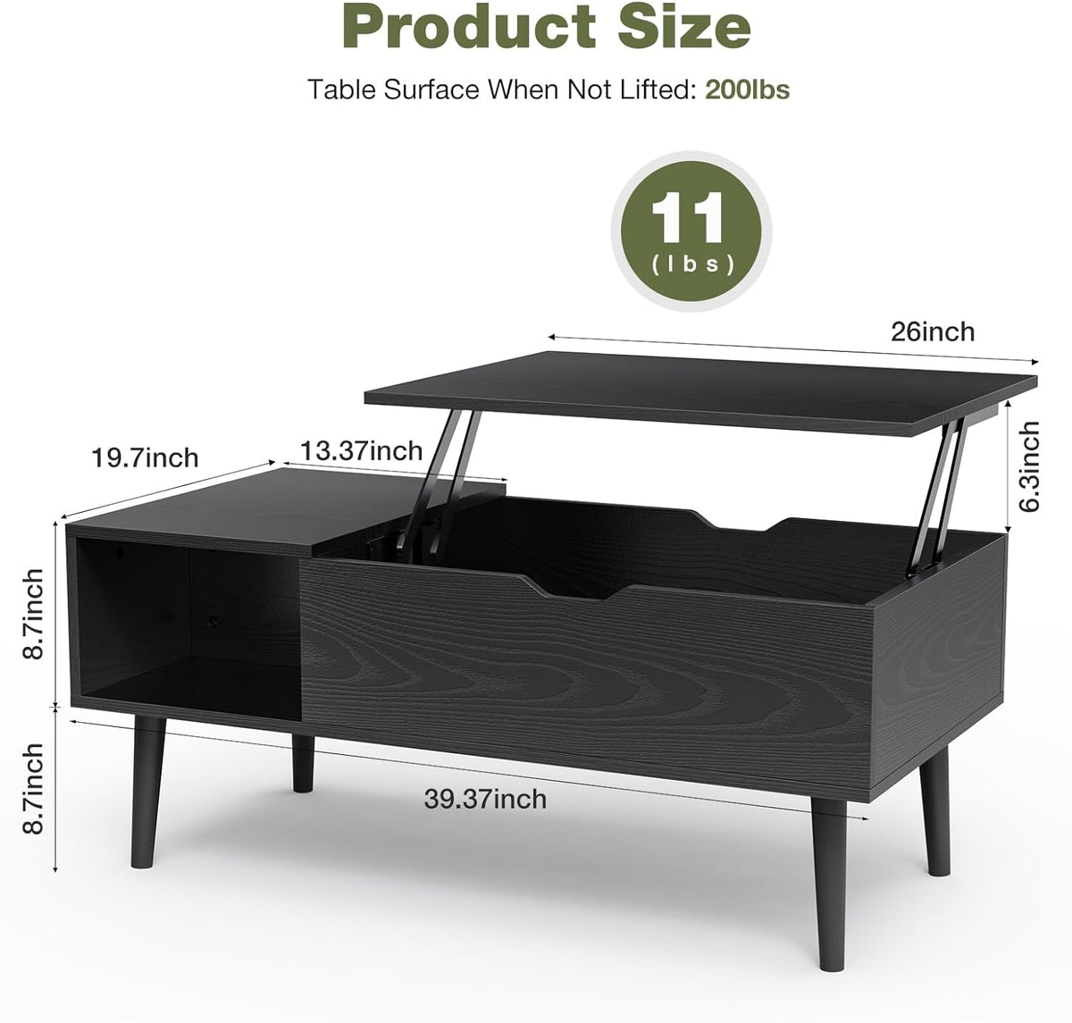 Diagram view showing dimensions: 39.37 inch length, 26 inch tabletop, 19.7 inch depth and 6.3 inch lift height