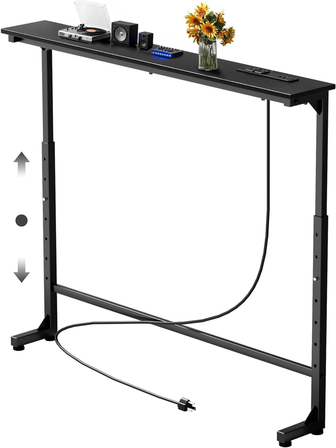 Reverse angled view of one black console table showing the inset power panel, crossbar and power cord.